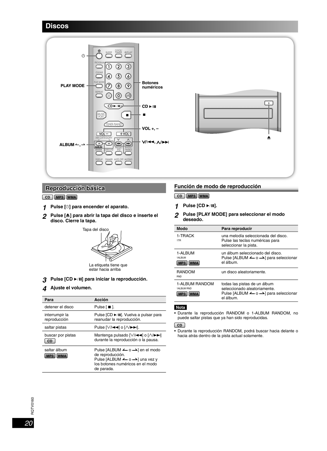 Panasonic SC-PM321 important safety instructions Discos, Reproducción básica, Función de modo de reproducción 