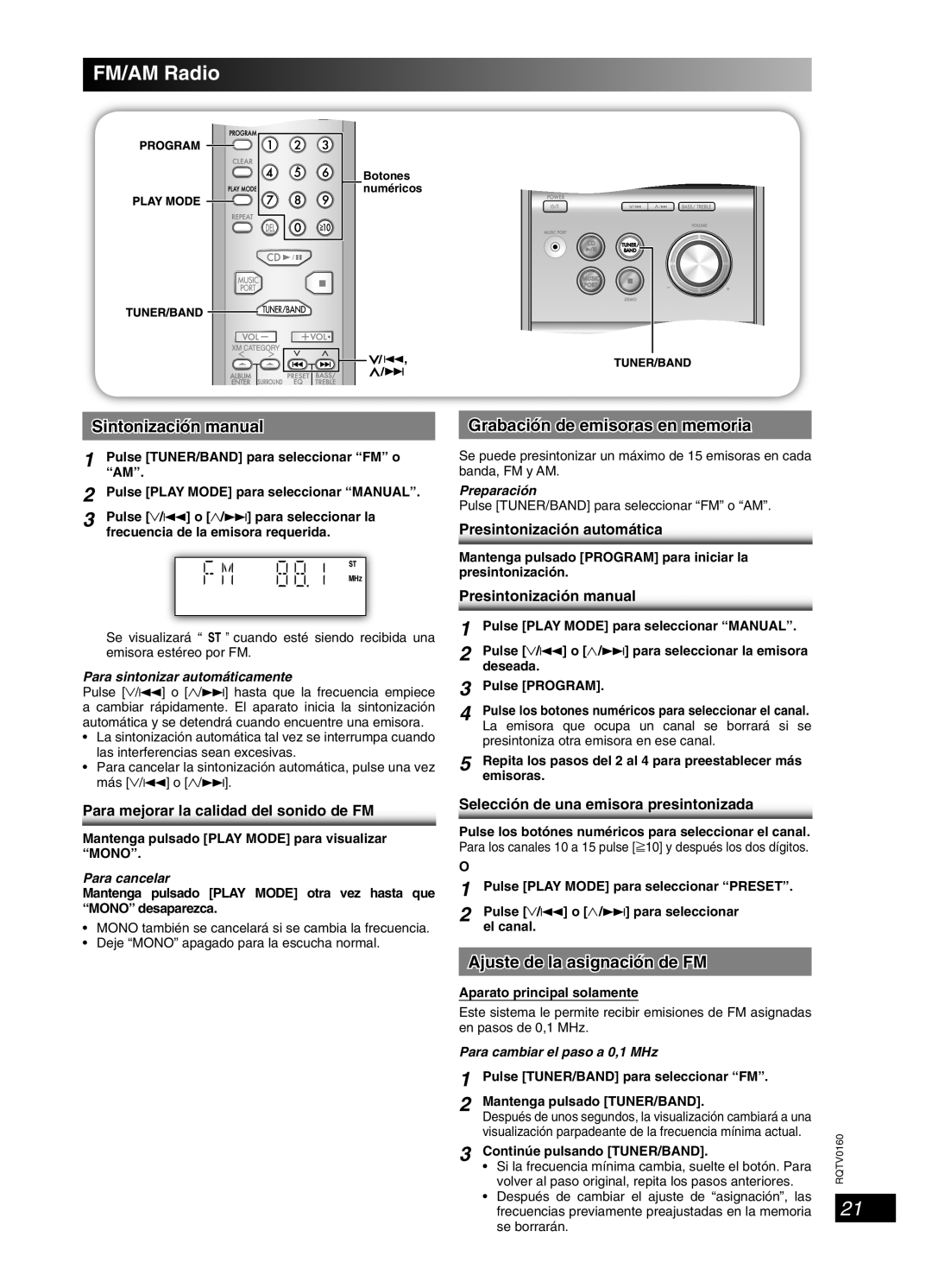 Panasonic SC-PM321 Sintonización manual, Grabación de emisoras en memoria, Ajuste de la asignación de FM 