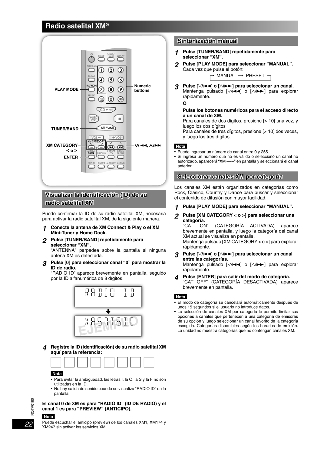 Panasonic SC-PM321 Radio satelital XM, Visualizar la identiﬁcación ID de su radio satelital XM 