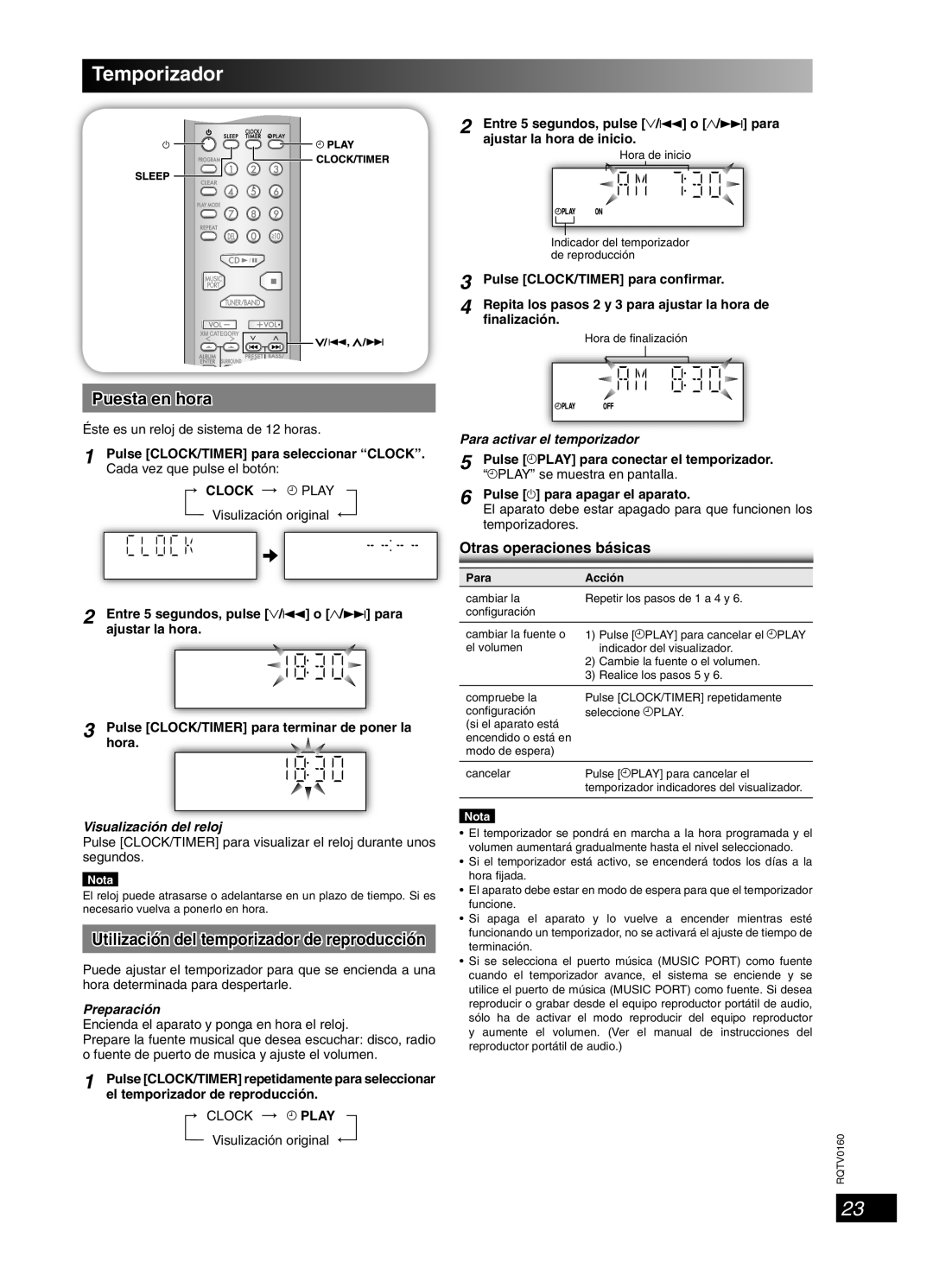 Panasonic SC-PM321 Temporizador, Puesta en hora, Utilización del temporizador de reproducción, Otras operaciones básicas 