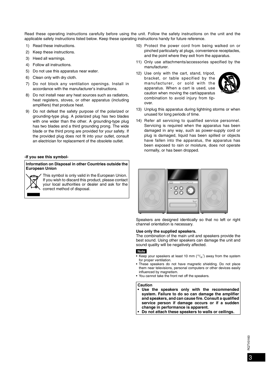 Panasonic SC-PM321 important safety instructions Placement of speakers, Use only the supplied speakers 