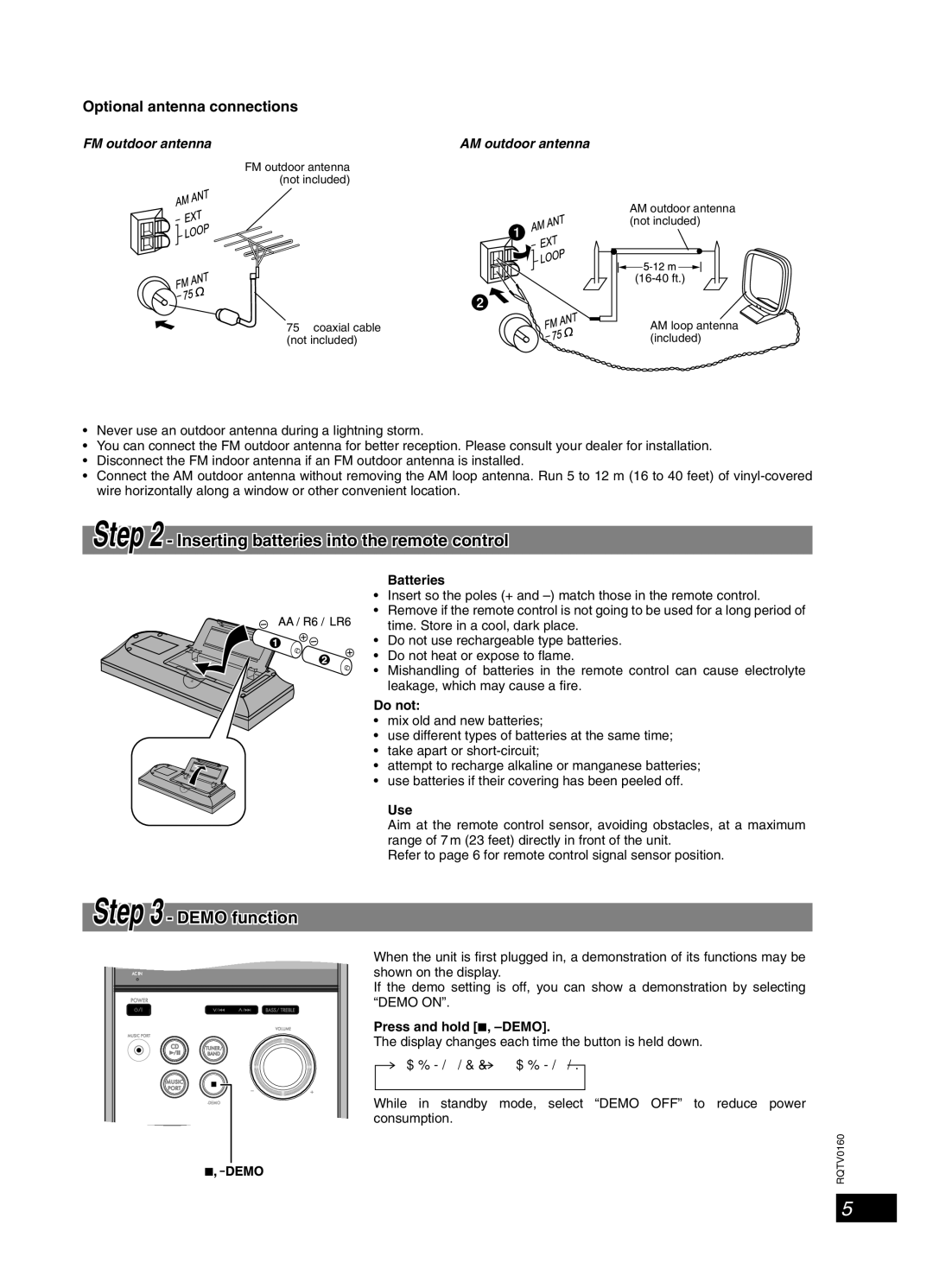 Panasonic SC-PM321 Inserting batteries into the remote control, Demo function, Optional antenna connections 