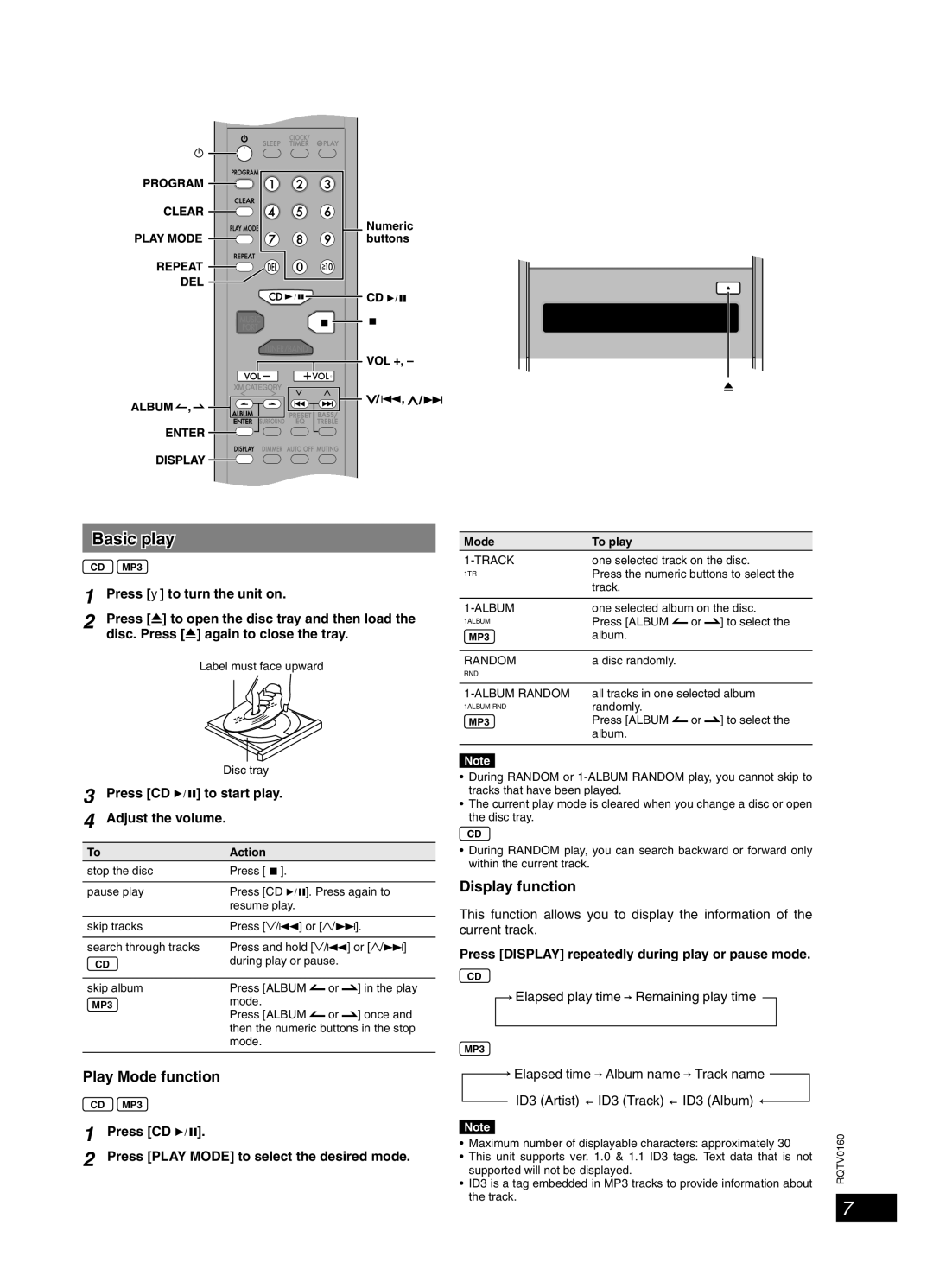 Panasonic SC-PM321 important safety instructions Discs, Basic play, Play Mode function, Display function 