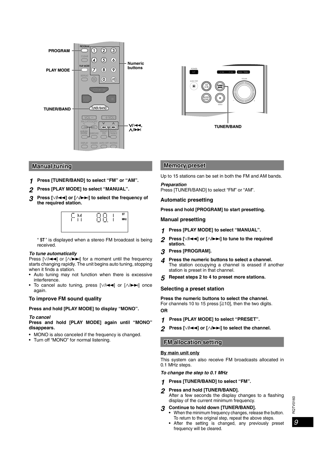 Panasonic SC-PM321 important safety instructions FM/AM Radio, Manual tuning, Memory preset, FM allocation setting 