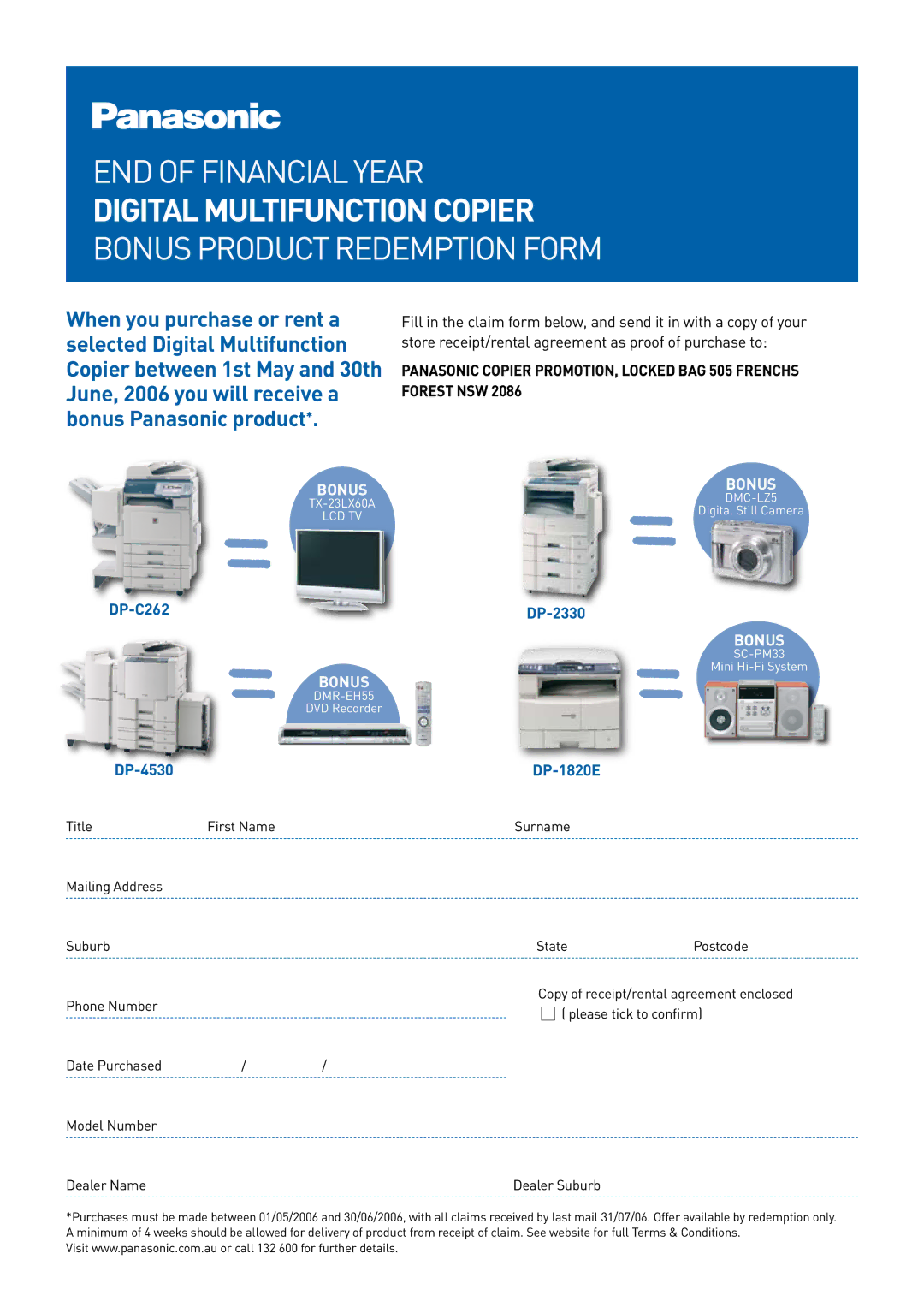 Panasonic SC-PM33 manual End of financial year, Digital multifunction copier, Bonus product redemption form 