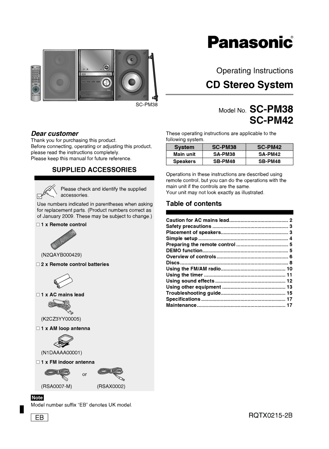 Panasonic SC-PM38 specifications Dear customer, Table of contents 