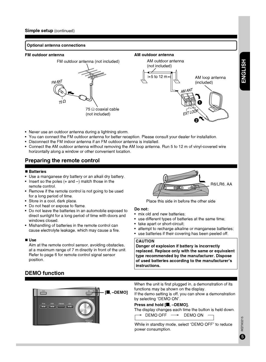 Panasonic SC-PM38 specifications Preparing the remote control, Demo function, Simple setup 