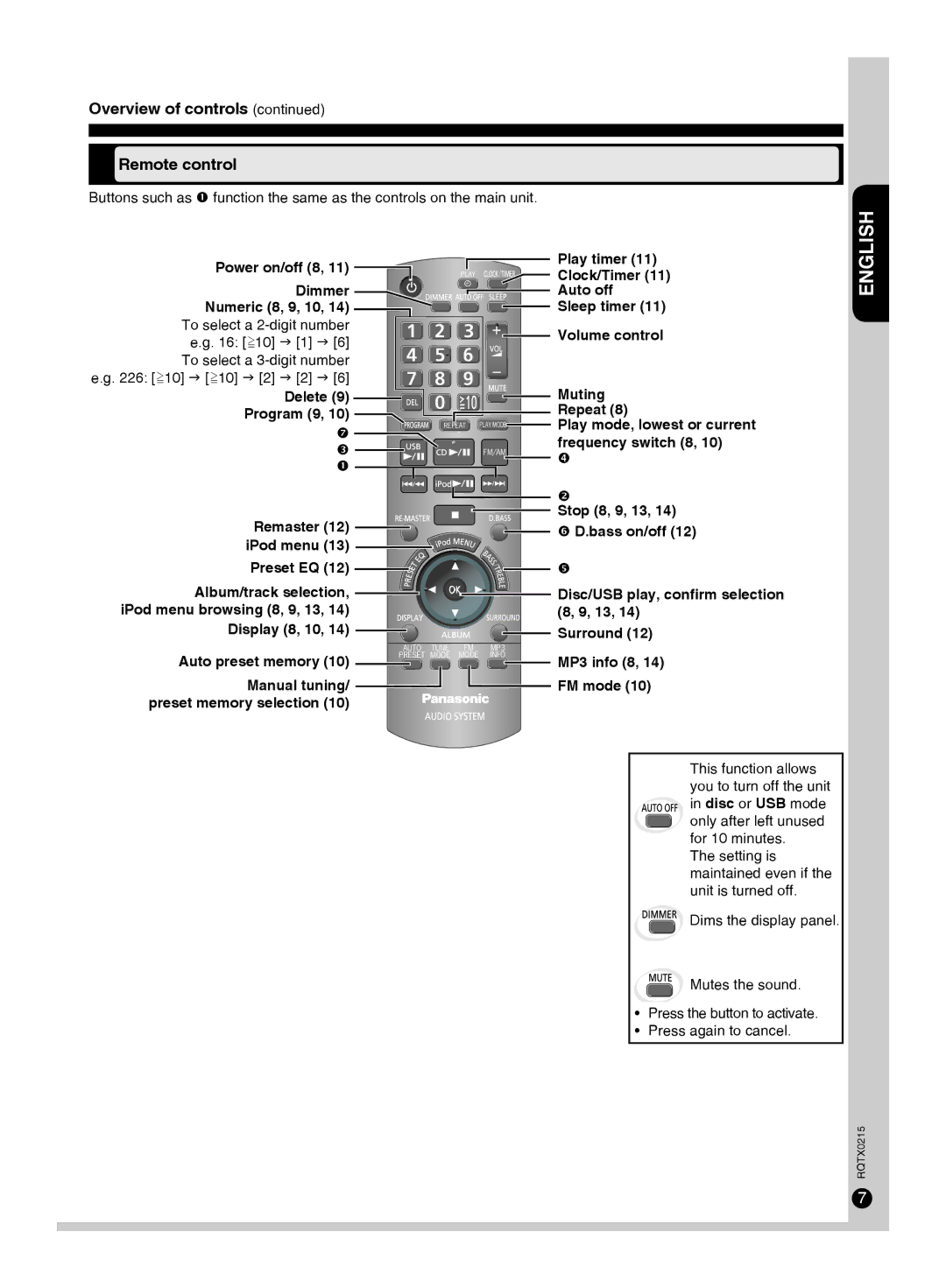 Panasonic SC-PM38 specifications Overview of controls Remote control 