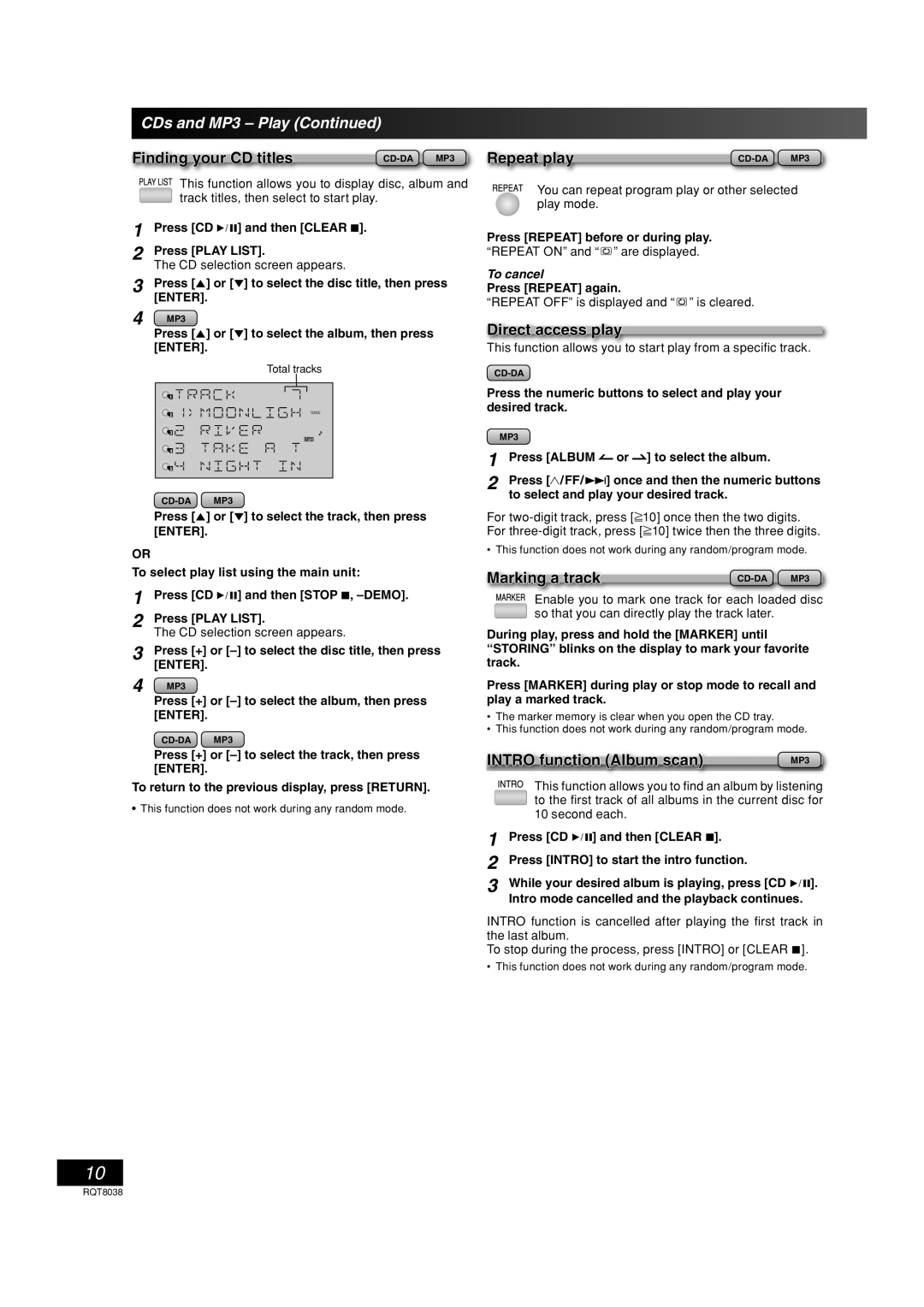 Panasonic SC-PM41 Finding your CD titles, Repeat play, Direct access play, Marking a trackCD-DA MP3 