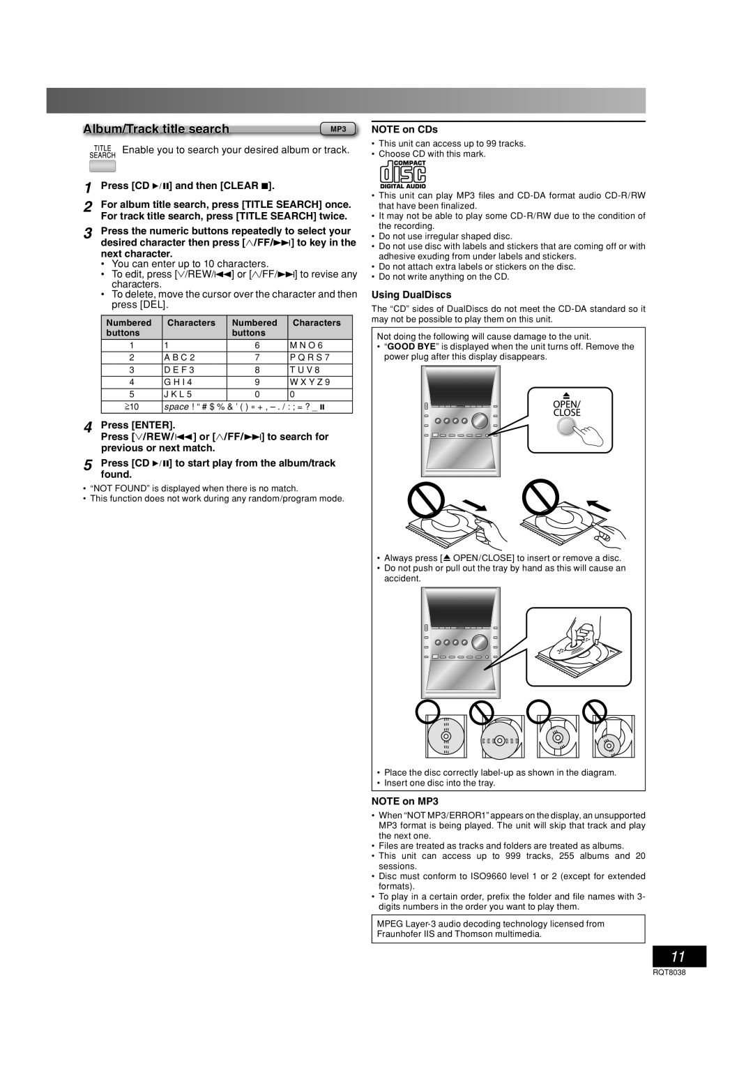 Panasonic SC-PM41 important safety instructions Album/Track title search, Next character, Using DualDiscs 