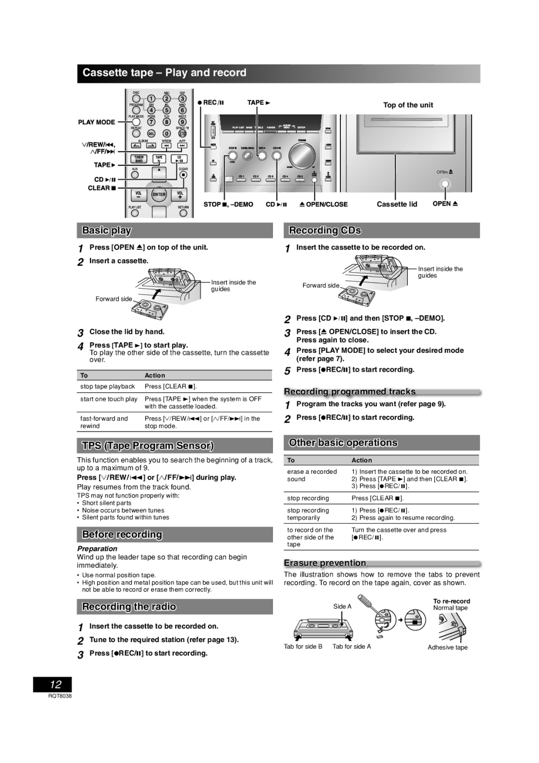 Panasonic SC-PM41 Cassette tape Play and record, Basic play Recording CDs, TPS Tape Program Sensor, Before recording 