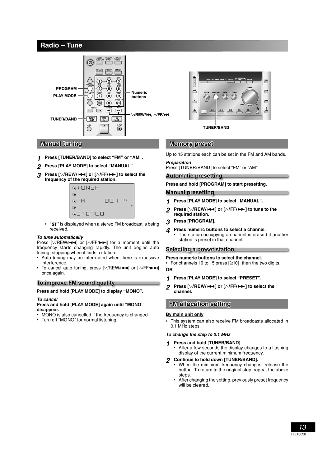 Panasonic SC-PM41 important safety instructions Radio Tune, Manual tuning, Memory preset, FM allocation setting 