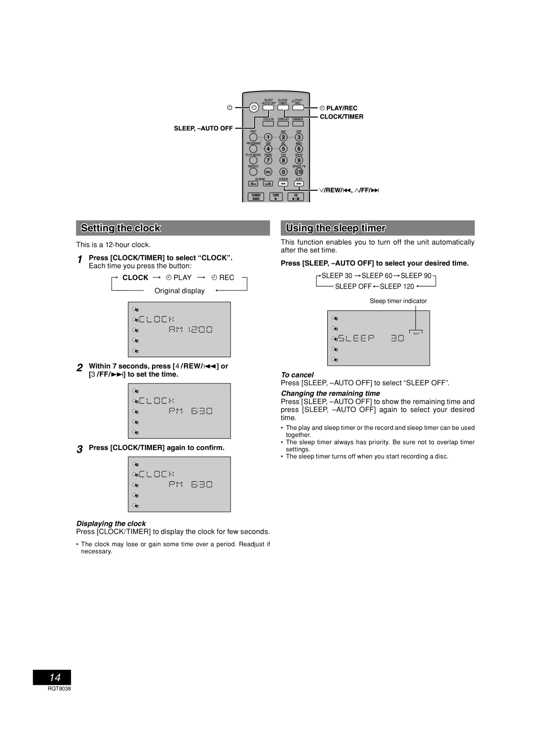 Panasonic SC-PM41 Timer, Setting the clock, Using the sleep timer, Changing the remaining time, Displaying the clock 