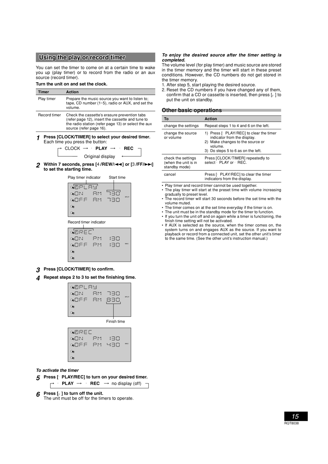 Panasonic SC-PM41 important safety instructions Using the play or record timer, Clock ˚ Play ˚ REC, ˚ REC No display off 