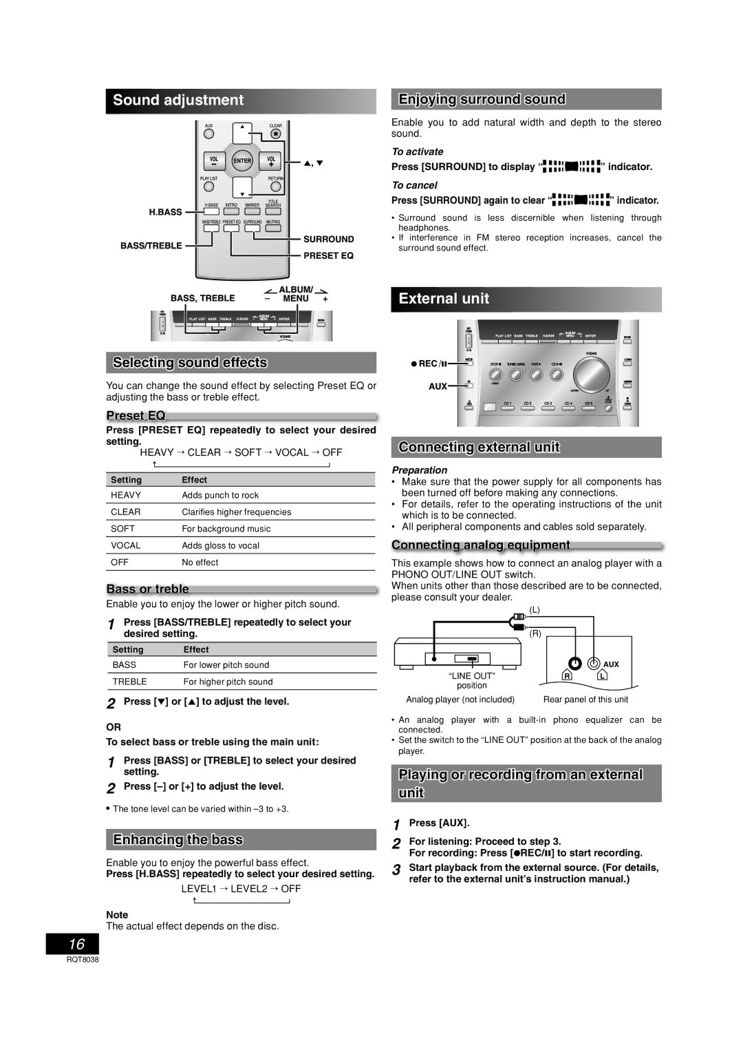 Panasonic SC-PM41 important safety instructions Sound adjustment, External unit 