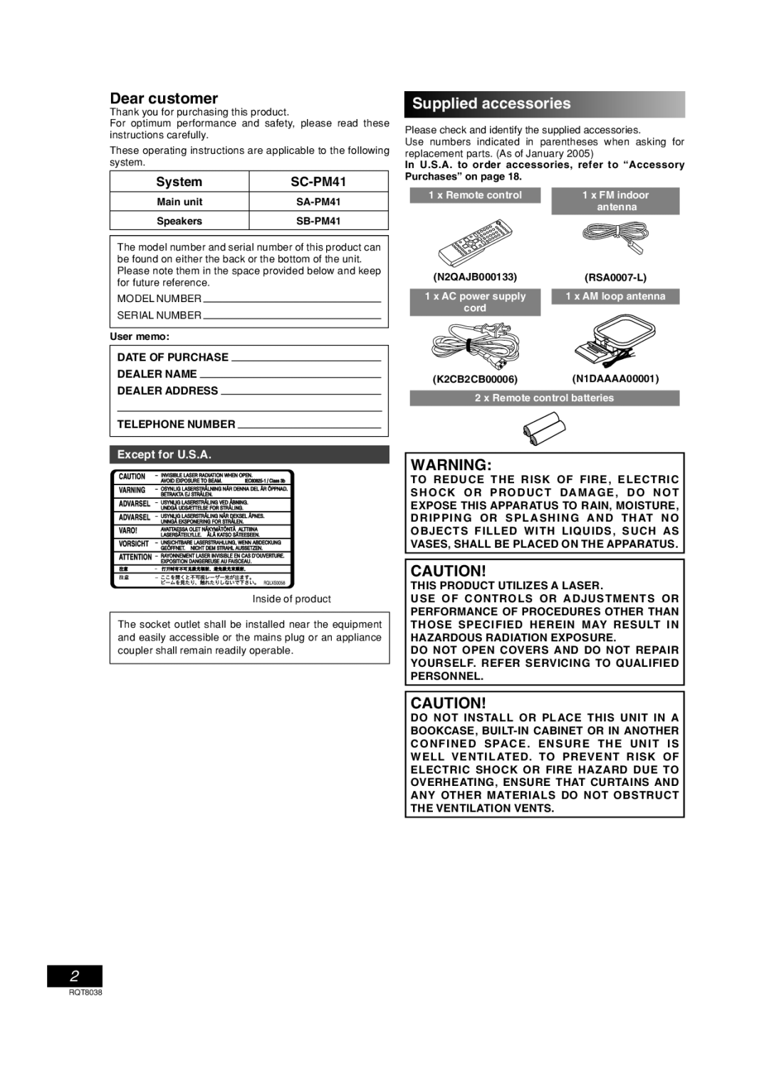 Panasonic SC-PM41 important safety instructions Supplied accessories, System 