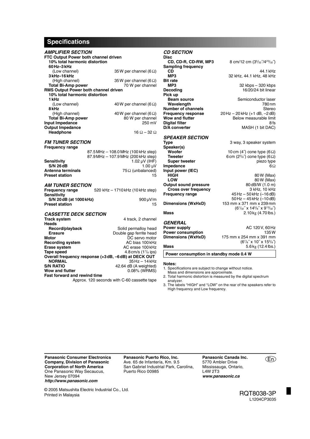 Panasonic SC-PM41 important safety instructions Speciﬁcations 