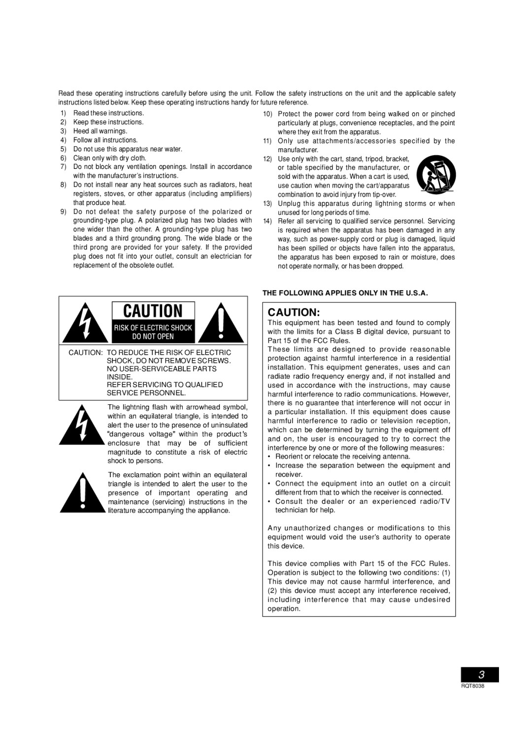 Panasonic SC-PM41 important safety instructions Important Safety Instructions, Following Applies only in the U.S.A 