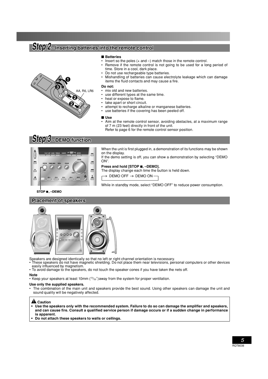 Panasonic SC-PM41 important safety instructions Inserting batteries into the remote control, Placement of speakers 