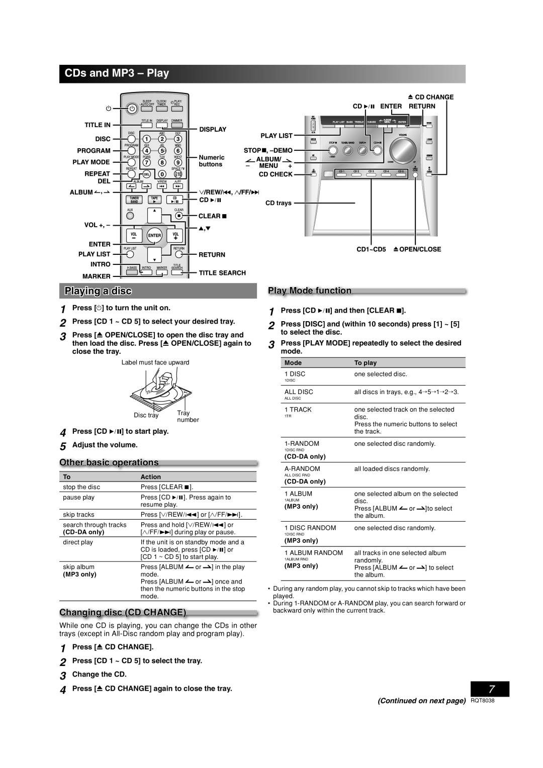 Panasonic SC-PM41 CDs and MP3 Play, Playing a disc, Other basic operations, Changing disc CD Change, Play Mode function 