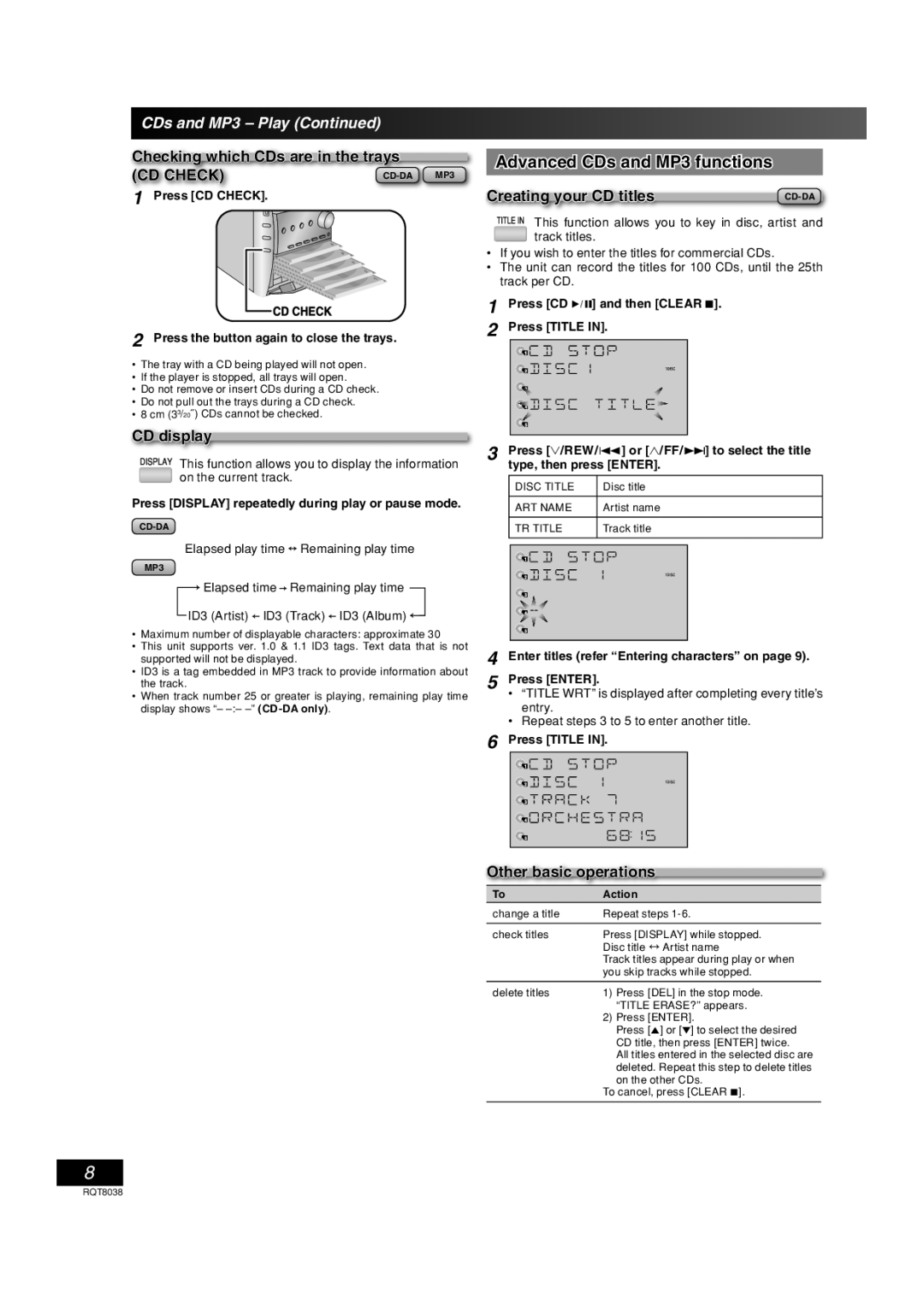 Panasonic SC-PM41 Advanced CDs and MP3 functions, Checking which CDs are in the trays, Creating your CD titles, CD display 