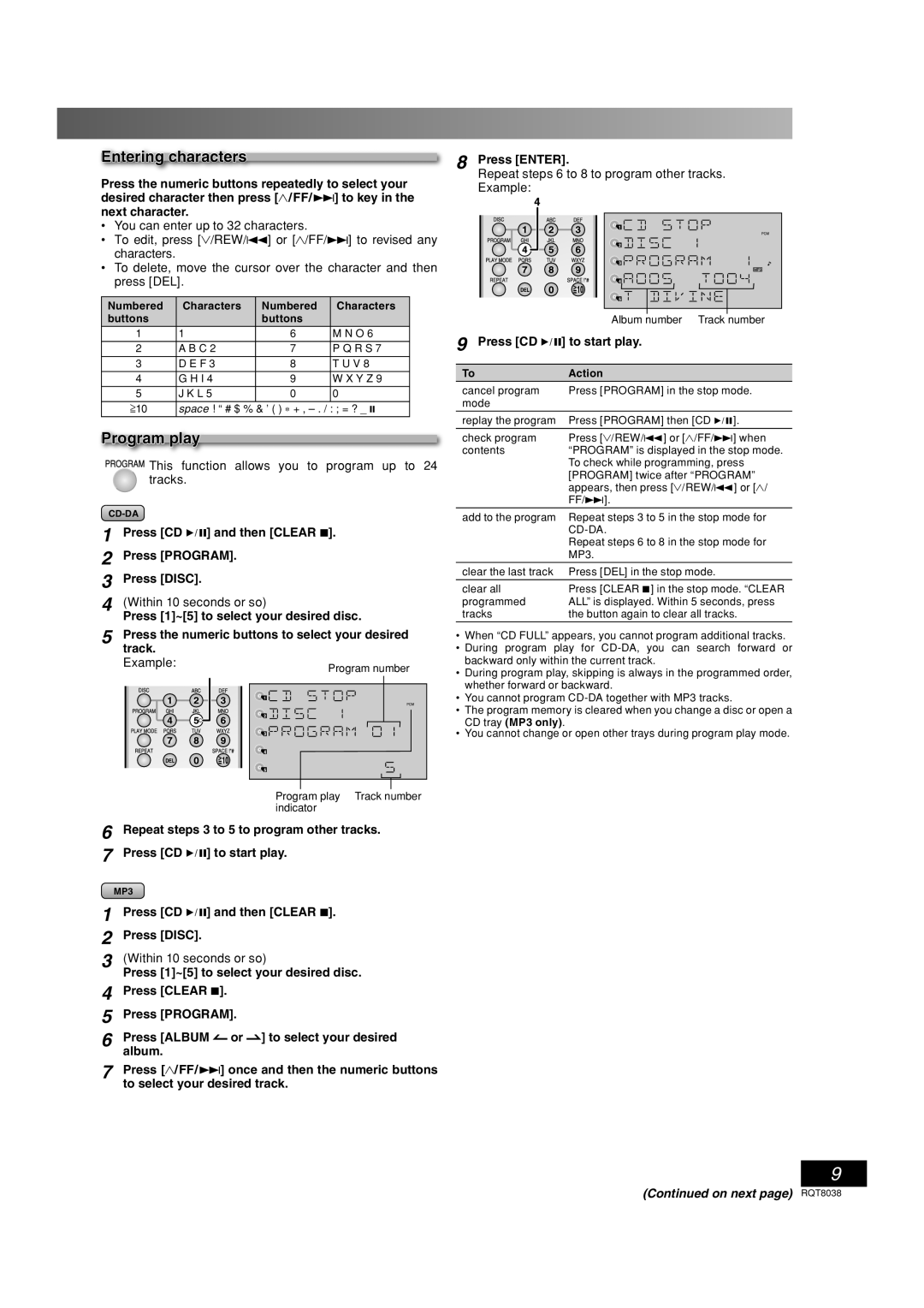 Panasonic SC-PM41 important safety instructions Entering characters, Program play 