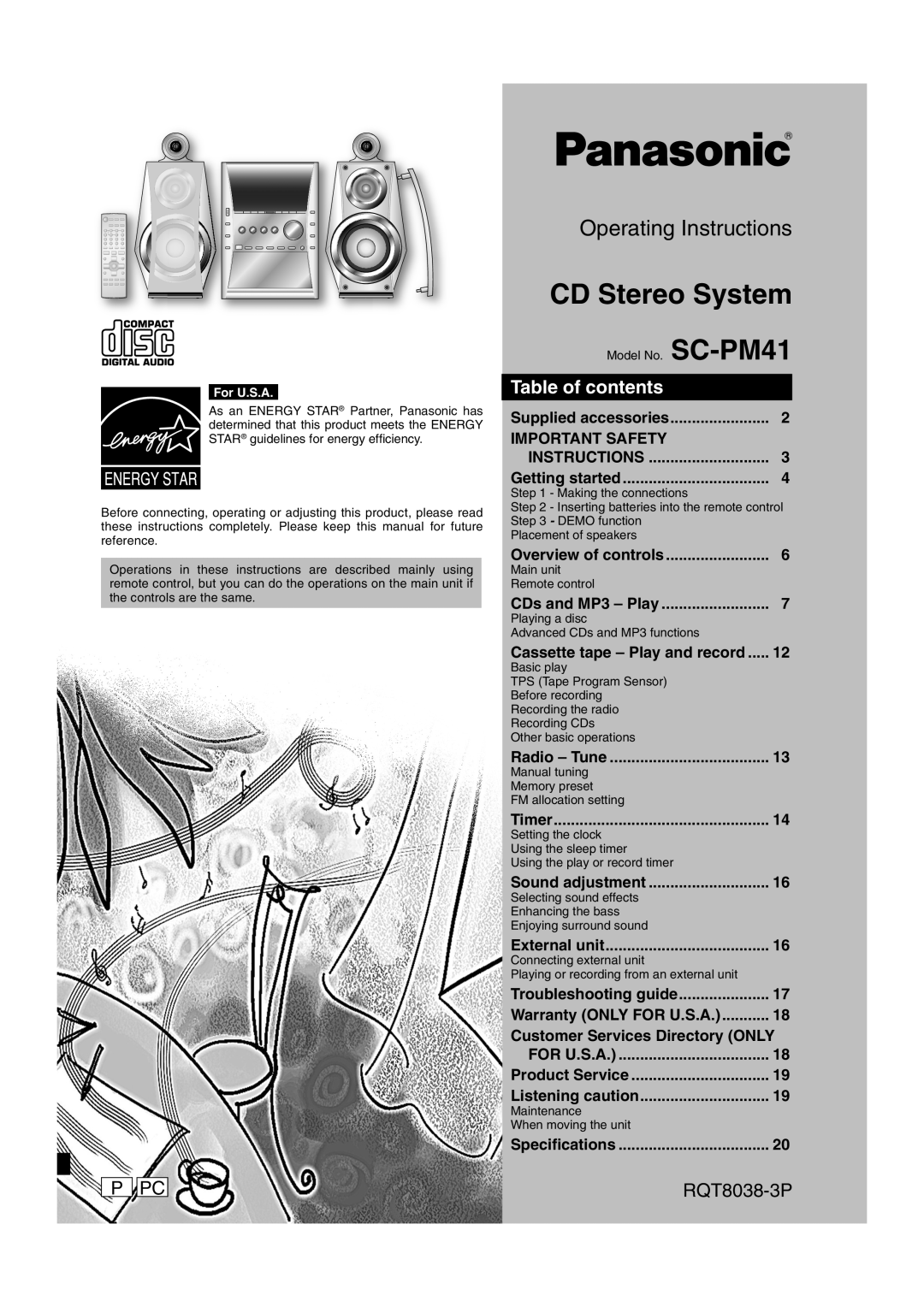 Panasonic SC-PM41 important safety instructions P Pc, Table of contents, RQT8038-3P, CD Stereo System 
