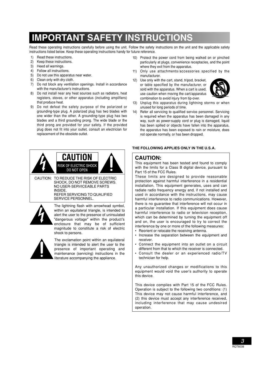 Panasonic SC-PM41 important safety instructions Important Safety Instructions, The Following Applies Only In The U.S.A 