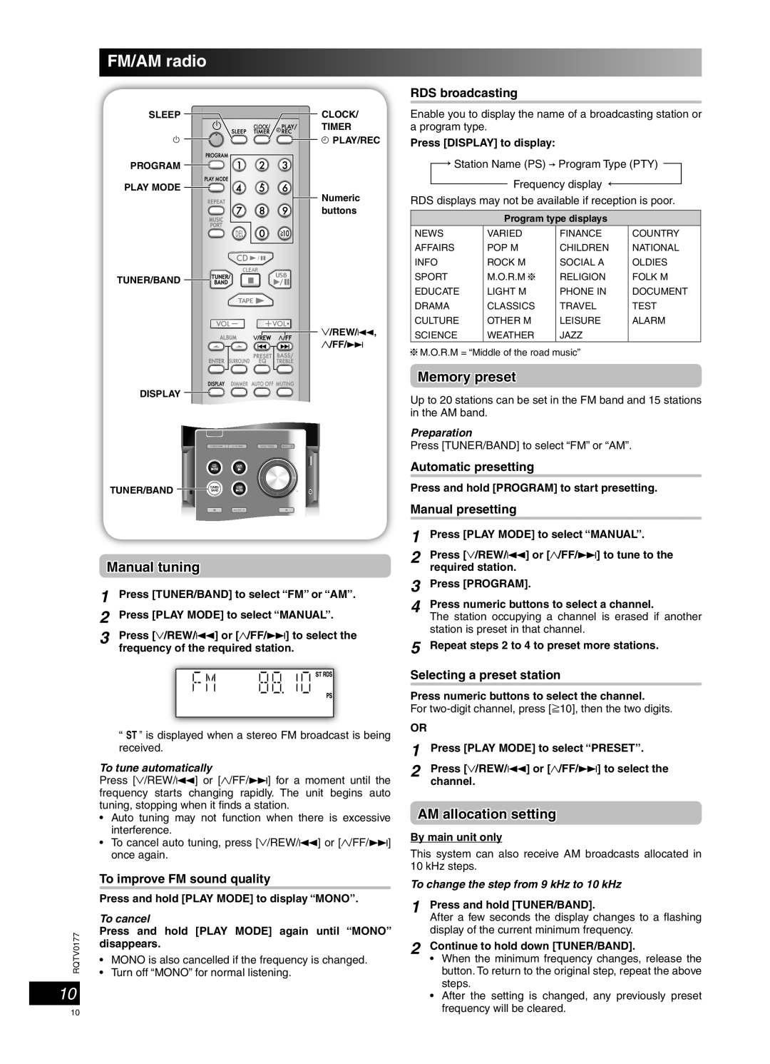 Panasonic SC-PM45 manual FM/AM radio, Manual tuning, Memory preset, AM allocation setting 