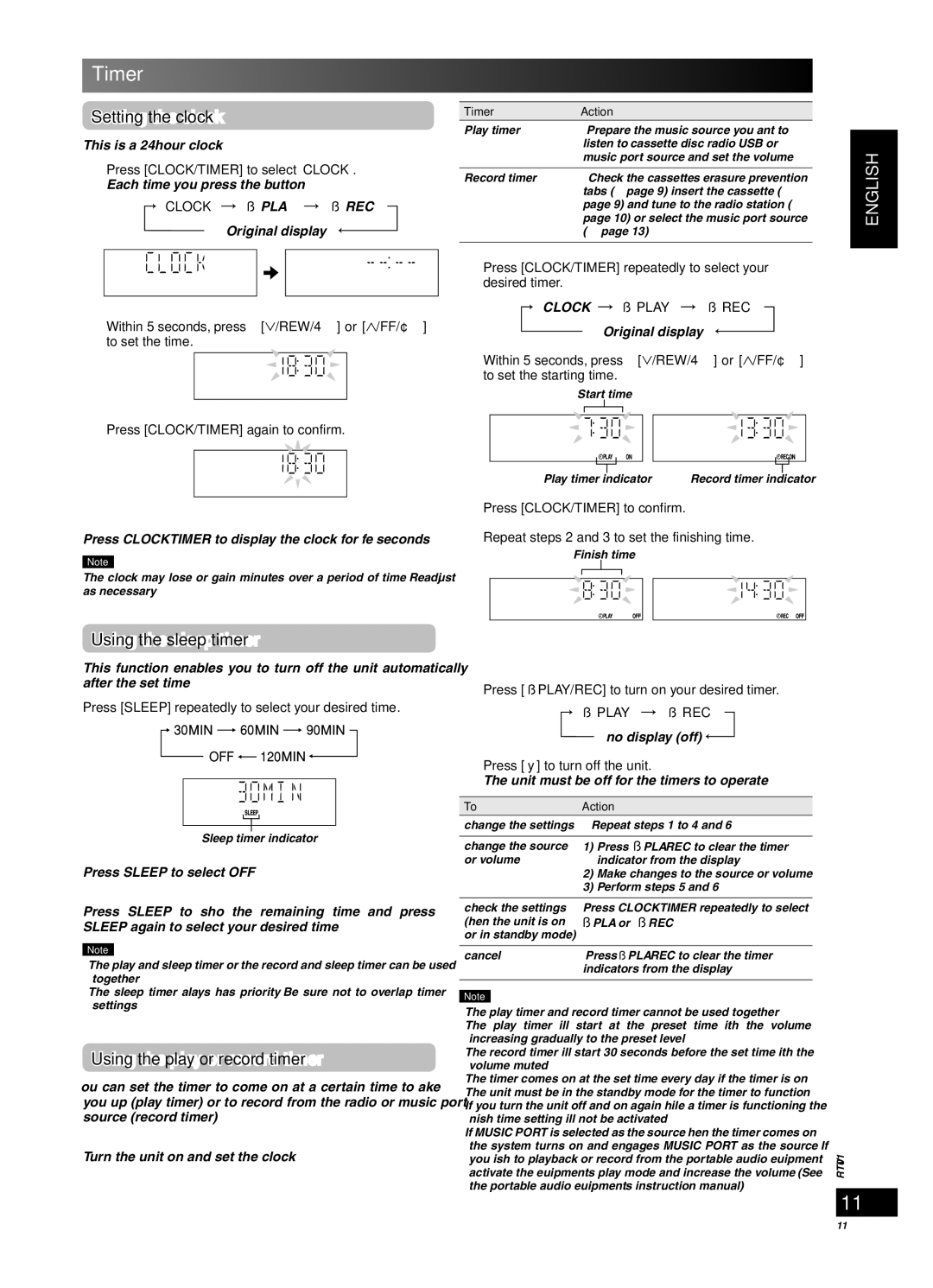 Panasonic SC-PM45 manual Timer, Setting the clock, Using the sleep timer, Using the play or record timer 