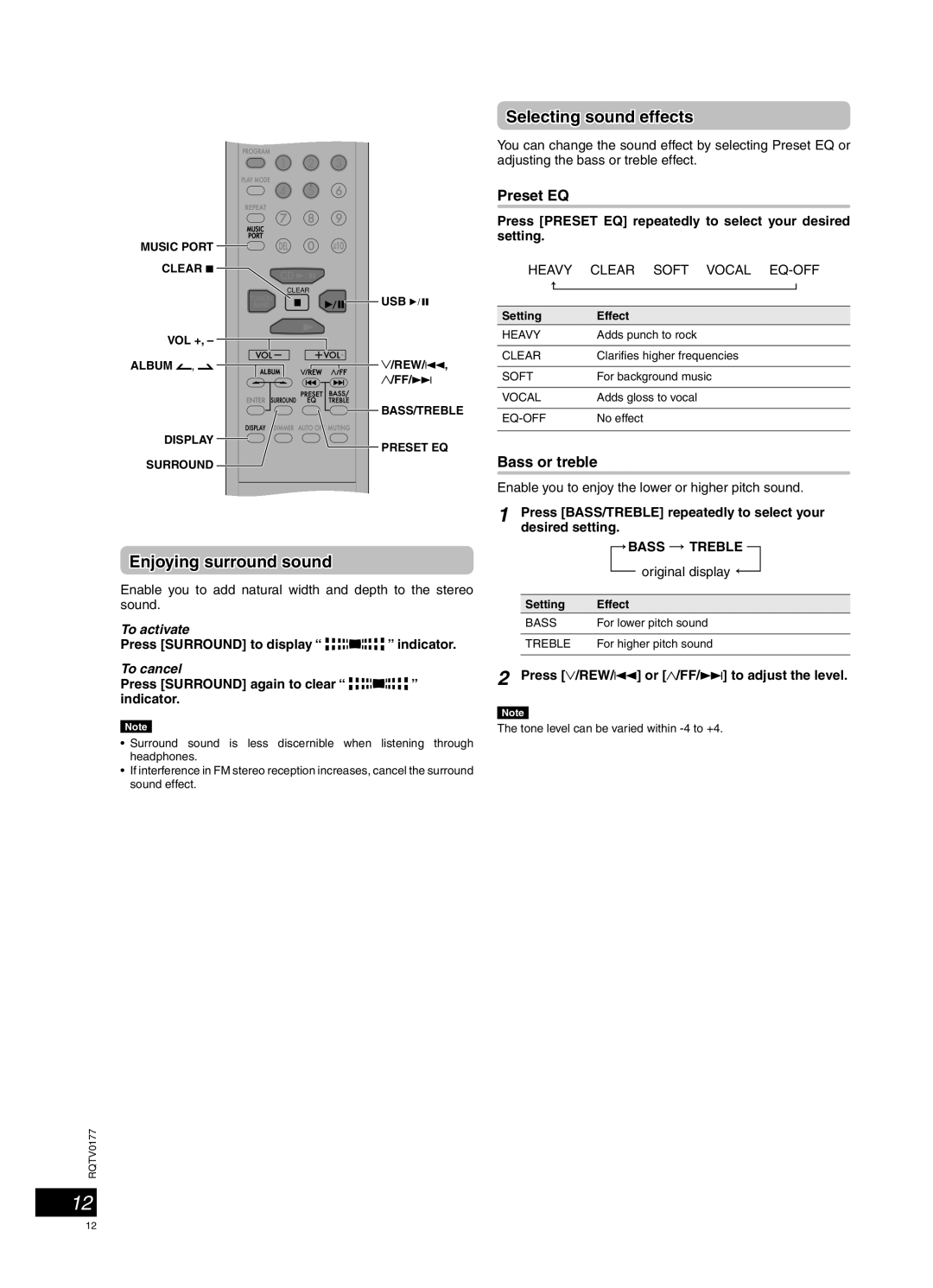 Panasonic SC-PM45 manual Sound adjustment, Enjoying surround sound, Selecting sound effects, Preset EQ, Bass or treble 