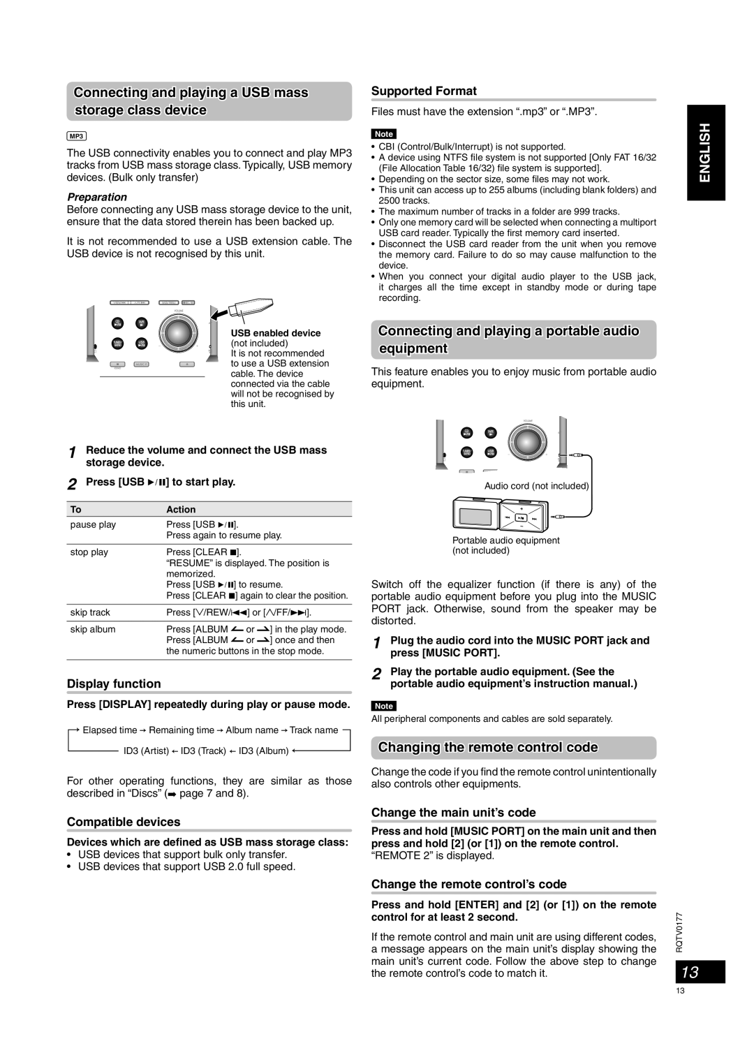 Panasonic SC-PM45 External unit, Connecting and playing a USB mass storage class device, Changing the remote control code 