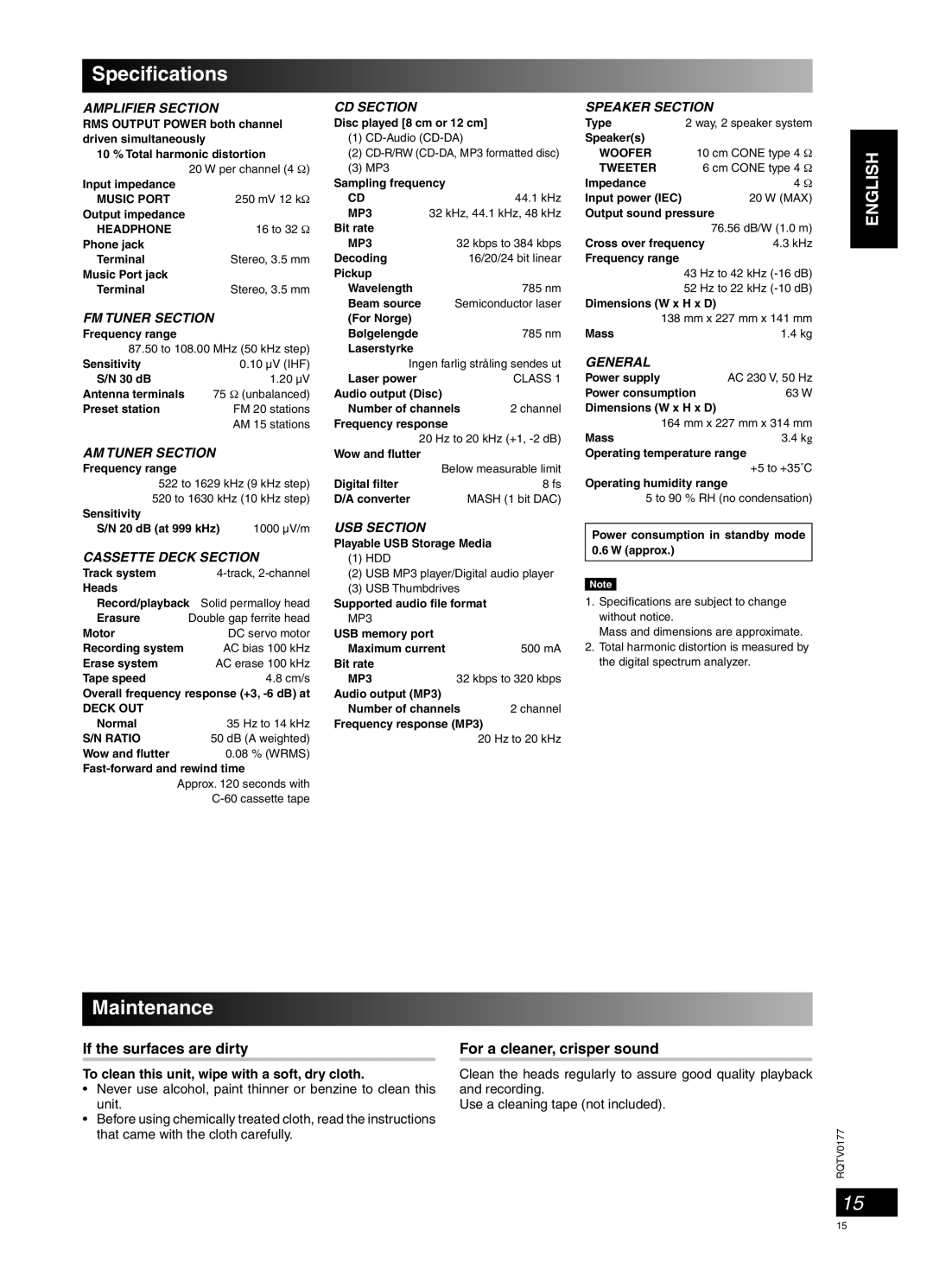 Panasonic SC-PM45 manual Speciﬁcations, Maintenance, If the surfaces are dirty, For a cleaner, crisper sound 