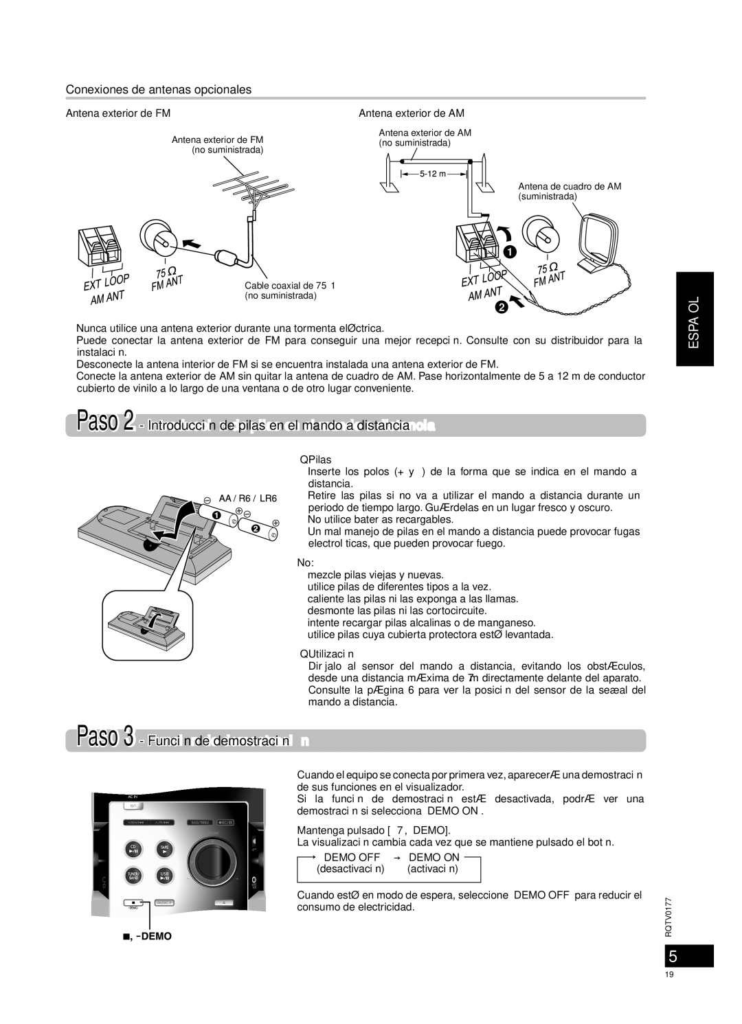 Panasonic SC-PM45 manual Paso 2 Introducción de pilas en el mando a distancia, Paso 3 Función de demostración 