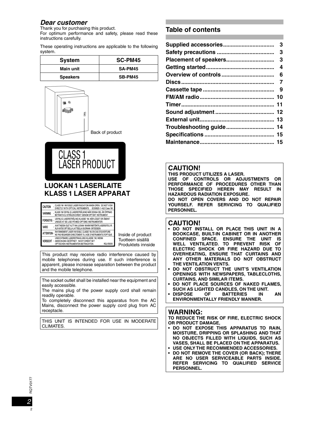 Panasonic SC-PM45 manual Dear customer 