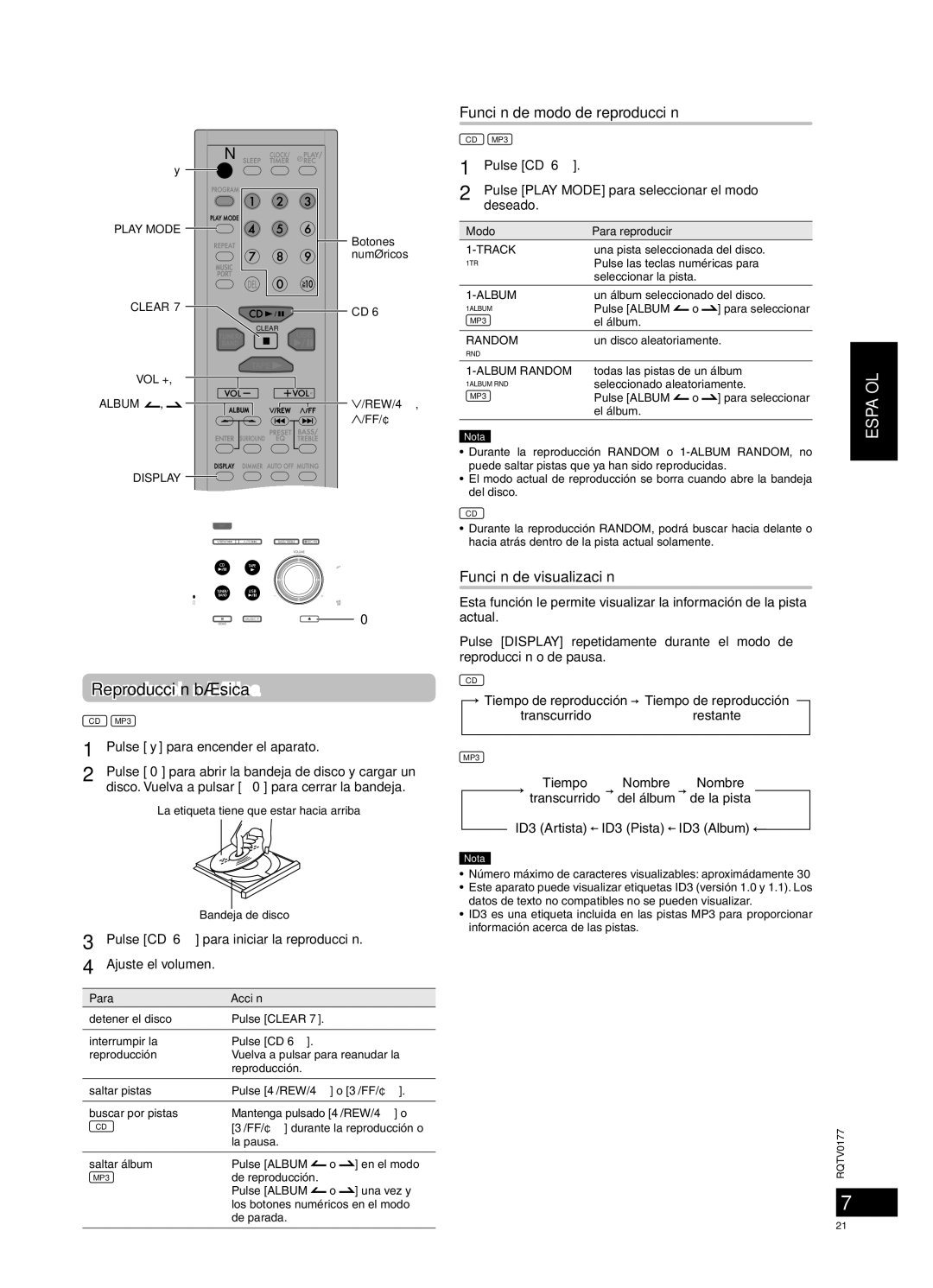 Panasonic SC-PM45 manual Discos, Reproducción básica, Función de modo de reproducción, Función de visualización 