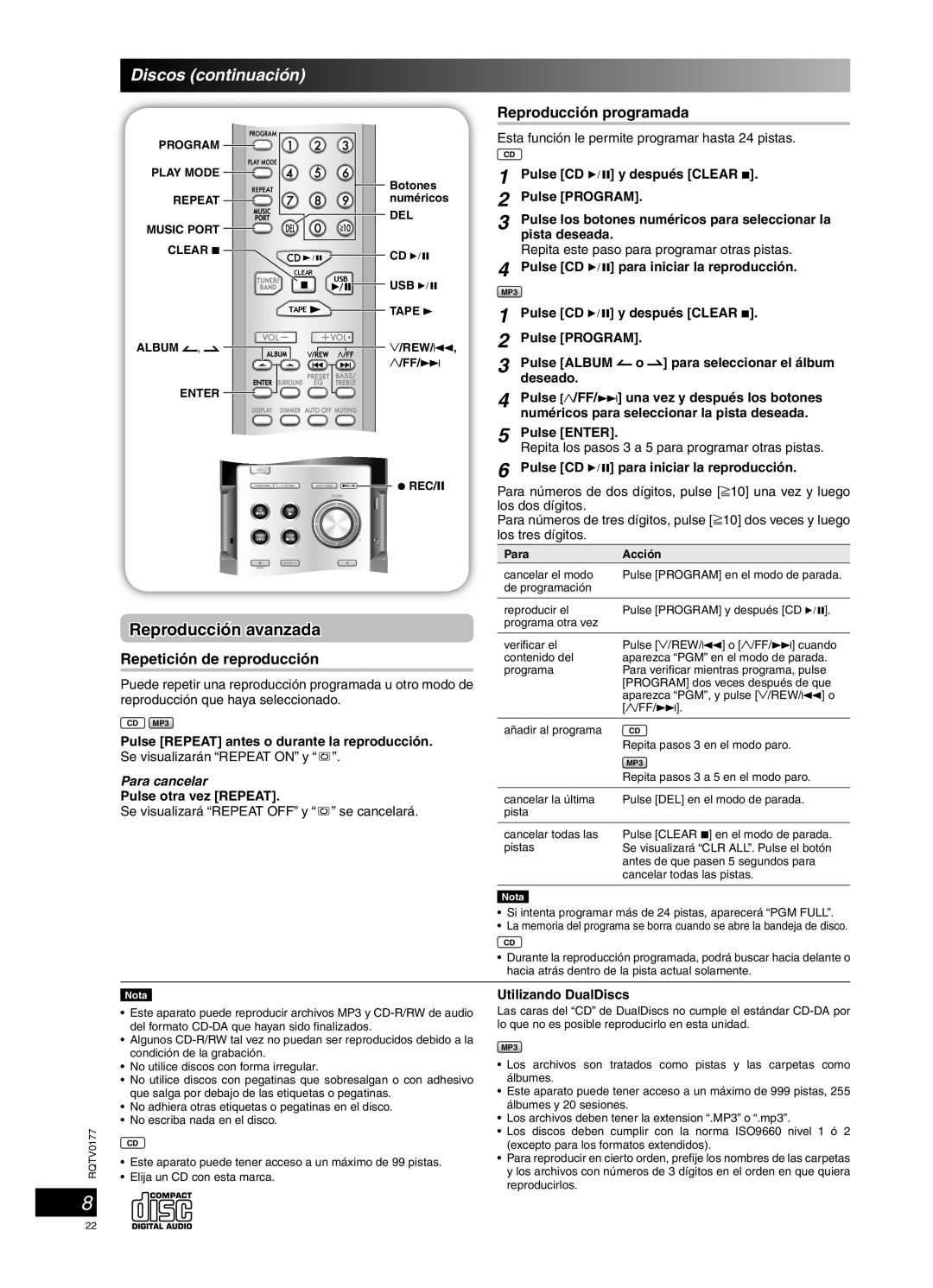 Panasonic SC-PM45 manual Reproducción avanzada, Repetición de reproducción, Reproducción programada, Para cancelar 