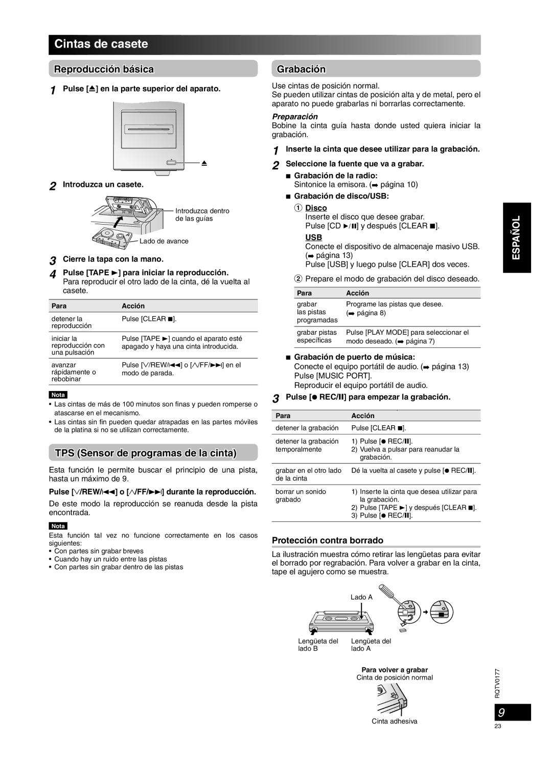 Panasonic SC-PM45 Cintas de casete, TPS Sensor de programas de la cinta, Grabación, Protección contra borrado, Preparación 