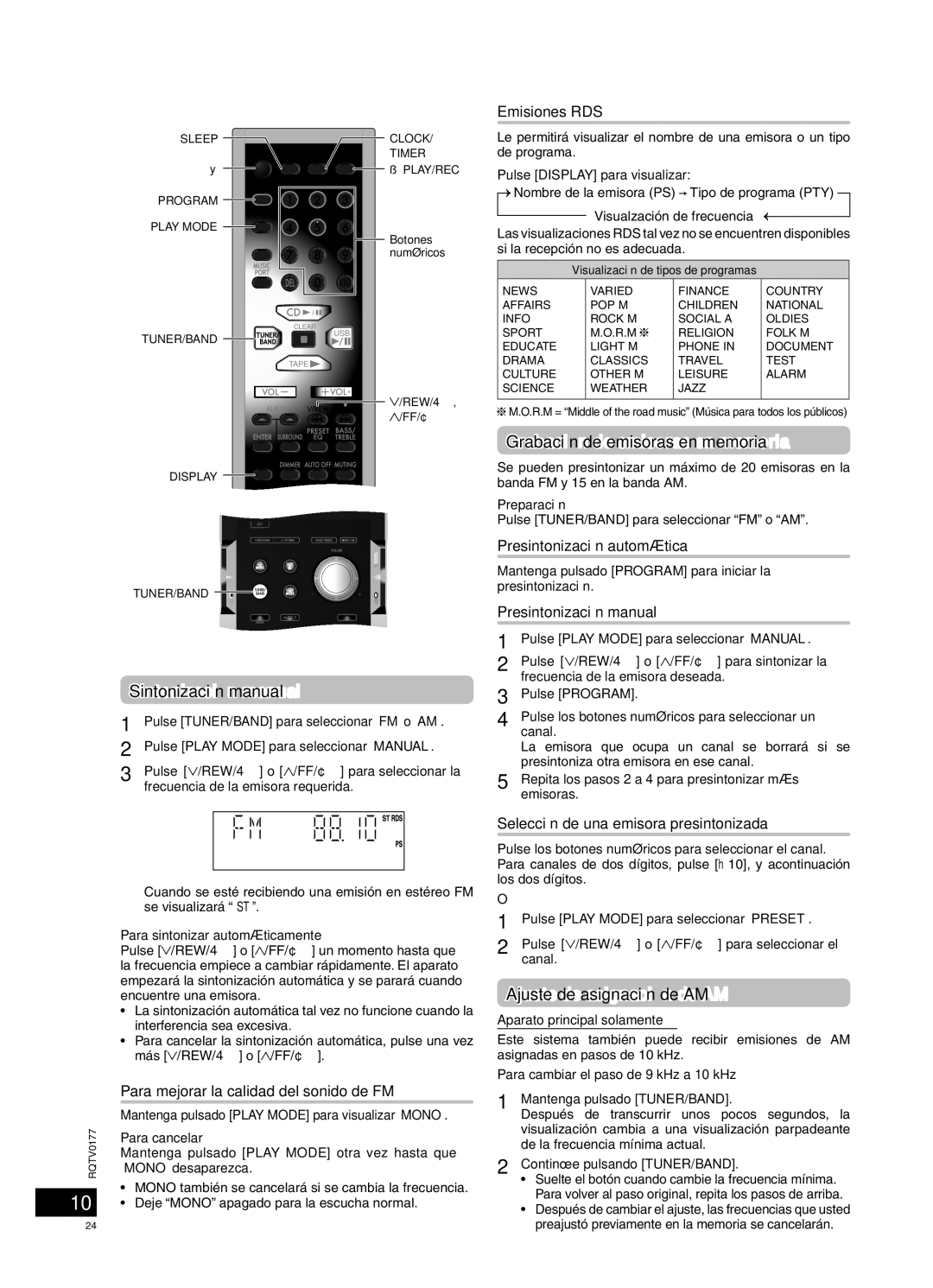 Panasonic SC-PM45 Radio FM/AM, Sintonización manual, Grabación de emisoras en memoria, Ajuste de asignación de AM 