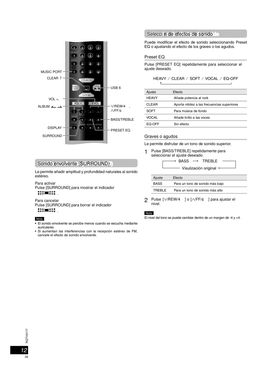 Panasonic SC-PM45 manual Ajuste del sonido, Sonido envolvente Surround, Selección de efectos de sonido, Graves o agudos 