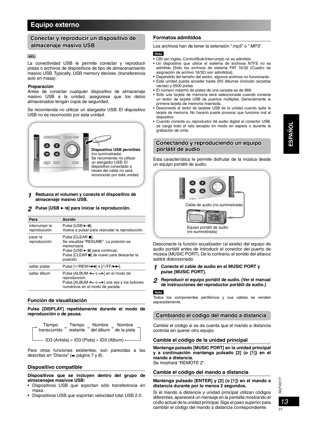 Panasonic SC-PM45 manual Equipo externo, Conectando y reproduciendo un equipo, Portátil de audio 