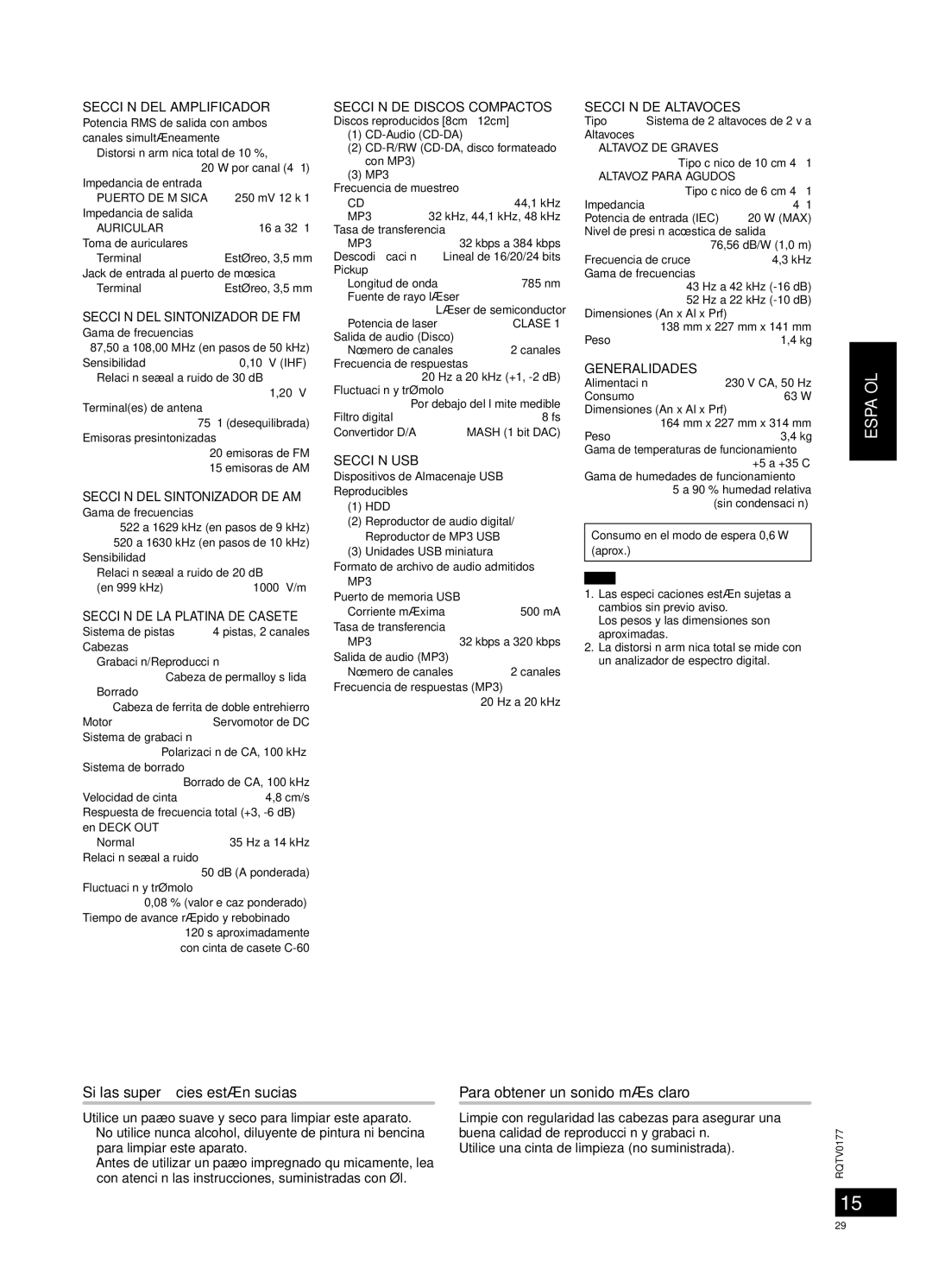 Panasonic SC-PM45 manual Especiﬁcaciones, Mantenimiento, Si las superﬁcies están sucias, Para obtener un sonido más claro 