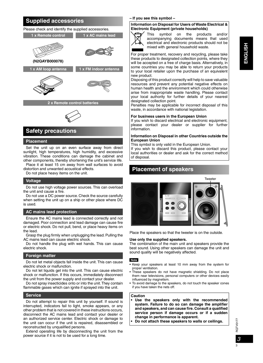 Panasonic SC-PM45 manual Supplied accessories, Safety precautions, Placement of speakers 