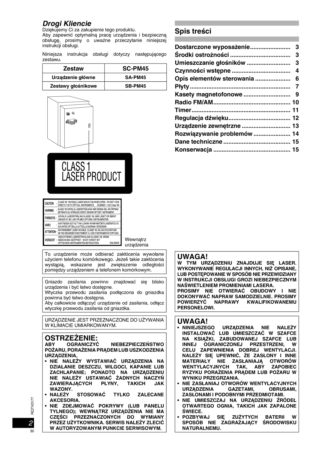 Panasonic SC-PM45 manual Zestaw, Dostarczone wyposa˝enie Ârodki ostro˝noÊci, CzynnoÊci wst´pne, Umieszczanie g∏oÊników 