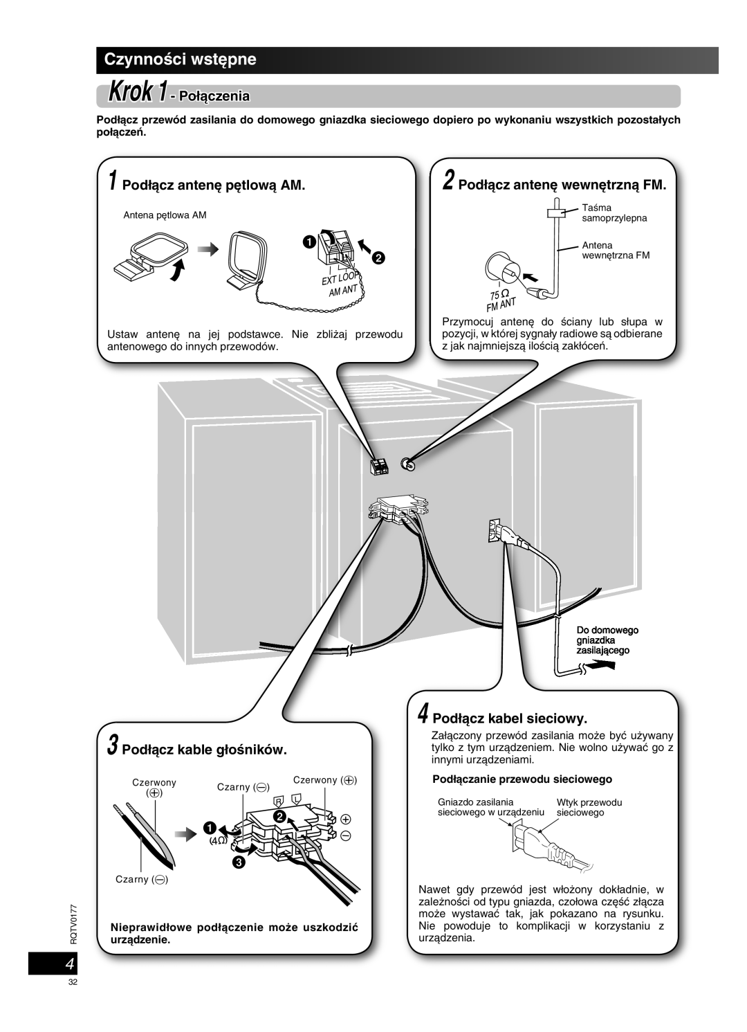 Panasonic SC-PM45 manual CzynnoÊci wst´pne, Krok 1 Po∏àczenia, Pod∏àcz anten´ p´tlowà AM, Pod∏àcz kable g∏oÊników 