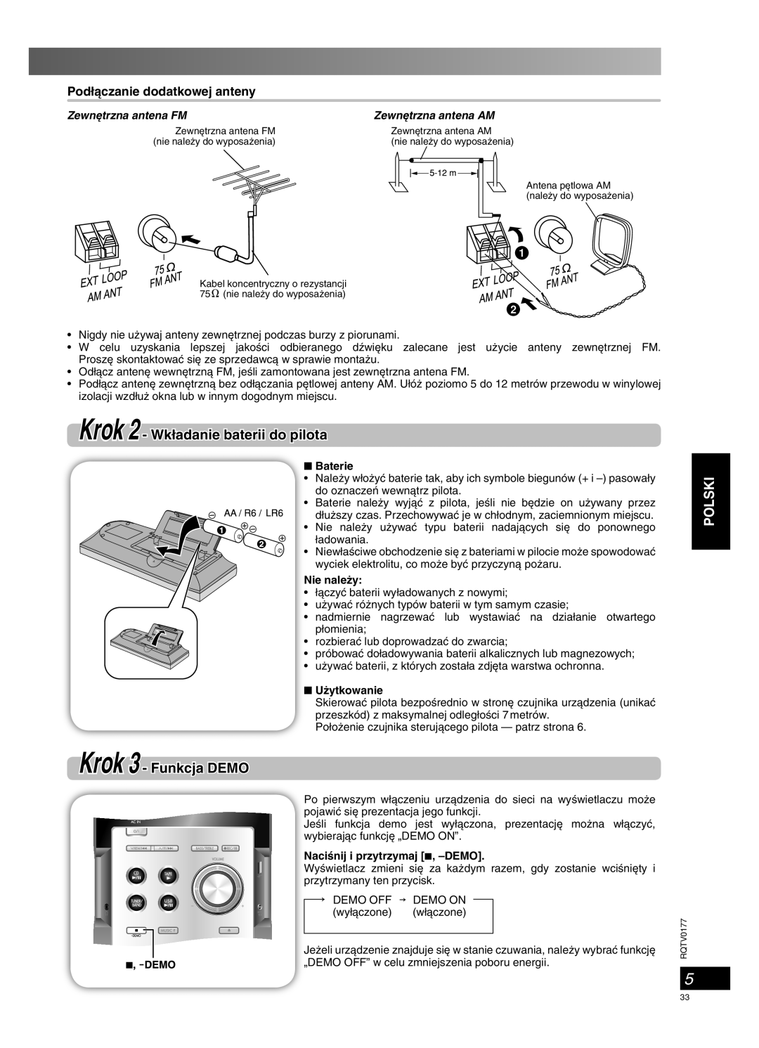 Panasonic SC-PM45 manual Krok 2 Wk∏adanie baterii do pilota, Krok 3 Funkcja Demo, Pod∏àczanie dodatkowej anteny 