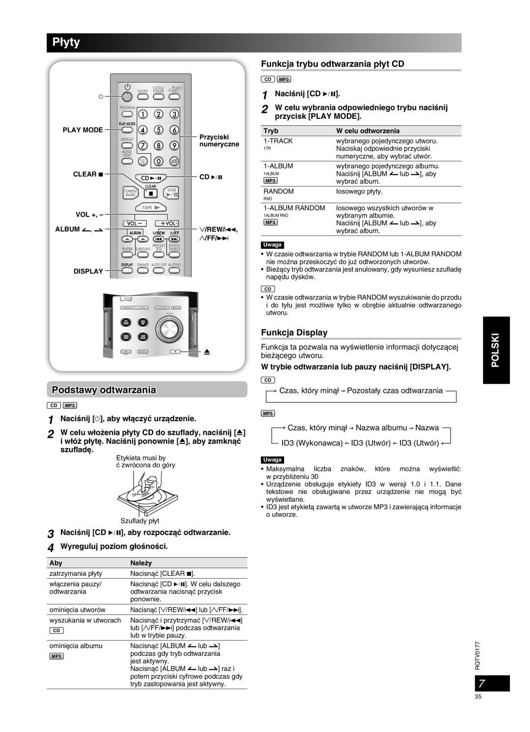 Panasonic SC-PM45 manual Podstawy odtwarzania, Funkcja trybu odtwarzania p∏yt CD, Funkcja Display 