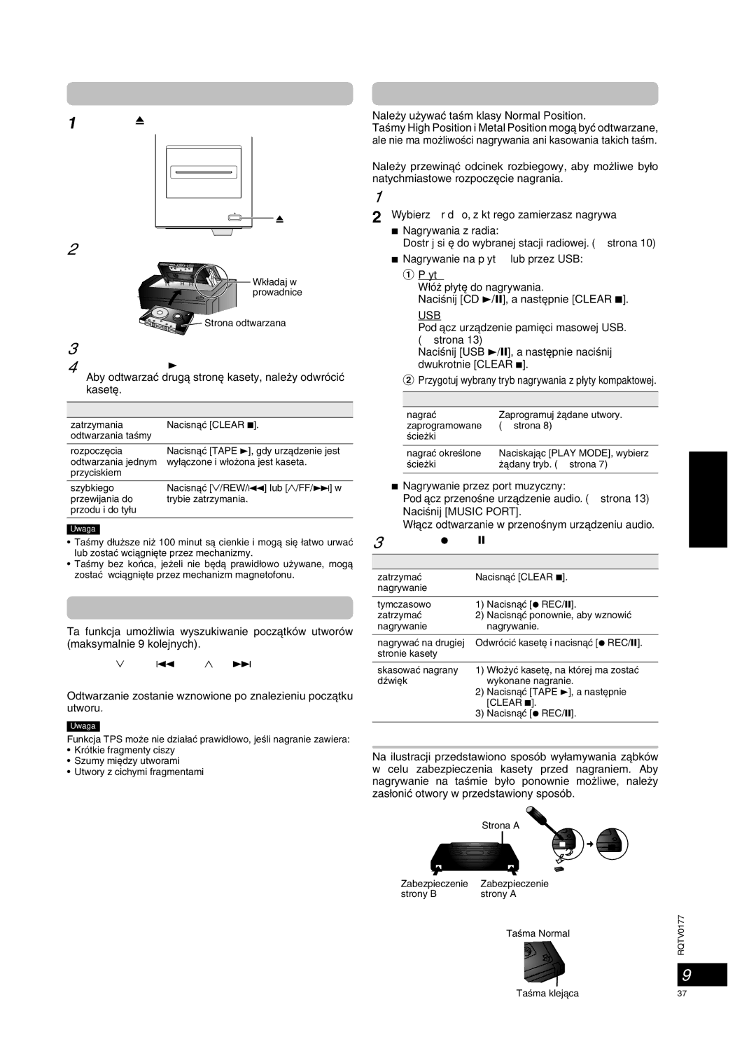 Panasonic SC-PM45 manual Kasety magnetofonowe, TPS Czujnik programu taÊmowego, Nagrywanie, Zabezpieczenie przed skasowaniem 