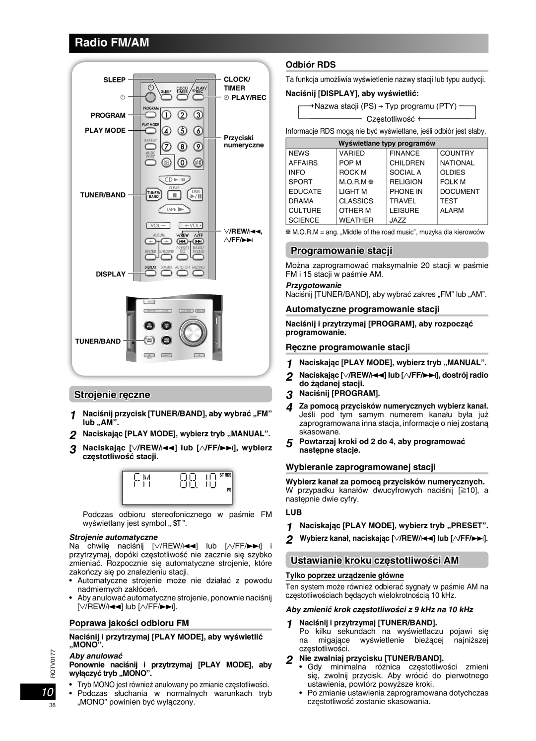 Panasonic SC-PM45 manual Radio FM/AM, Strojenie r´czne, Programowanie stacji, Ustawianie kroku cz´stotliwoÊci AM 