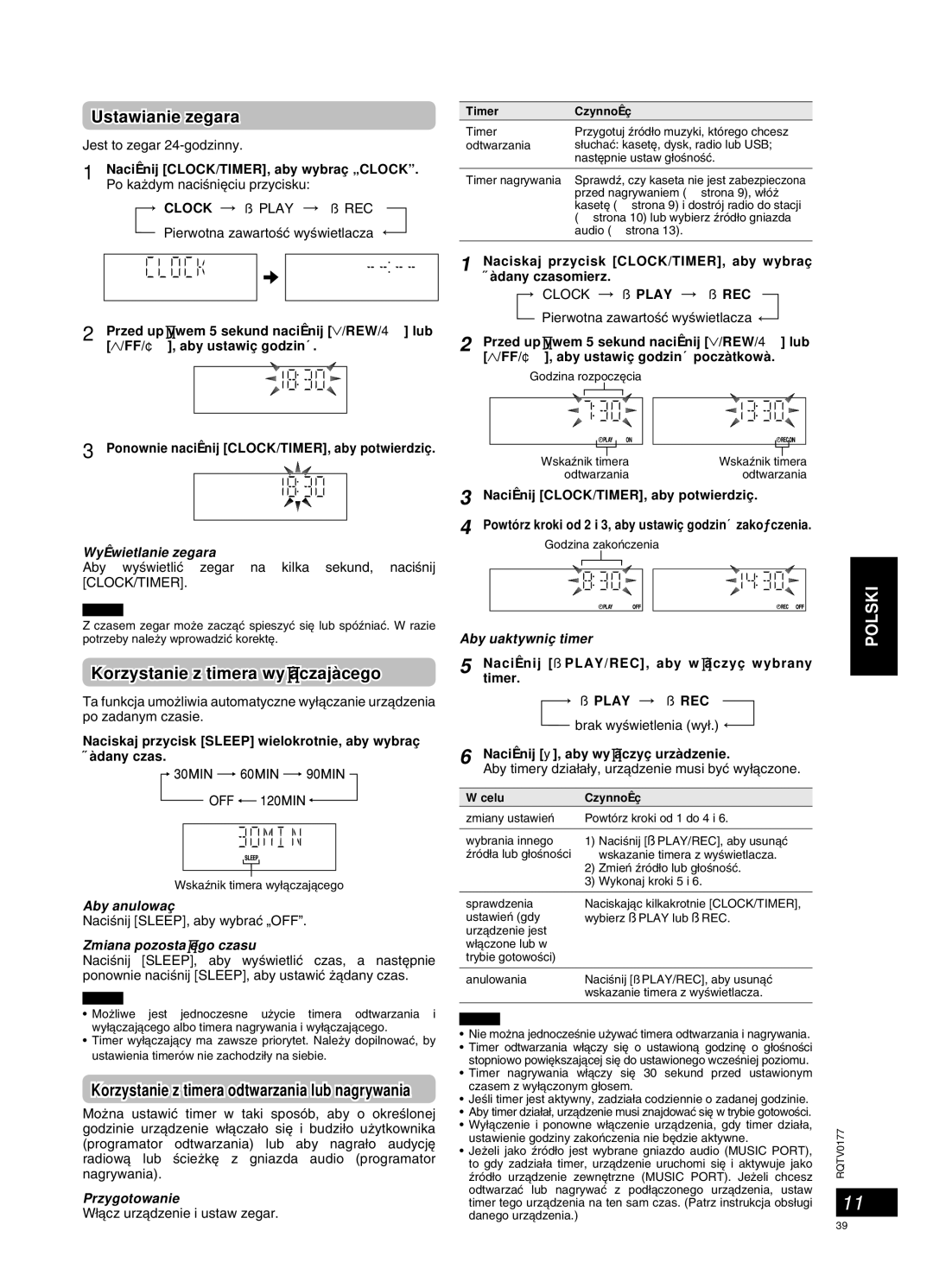 Panasonic SC-PM45 manual Timer, Ustawianie zegara, Korzystanie z timera wy∏àczajàcego 